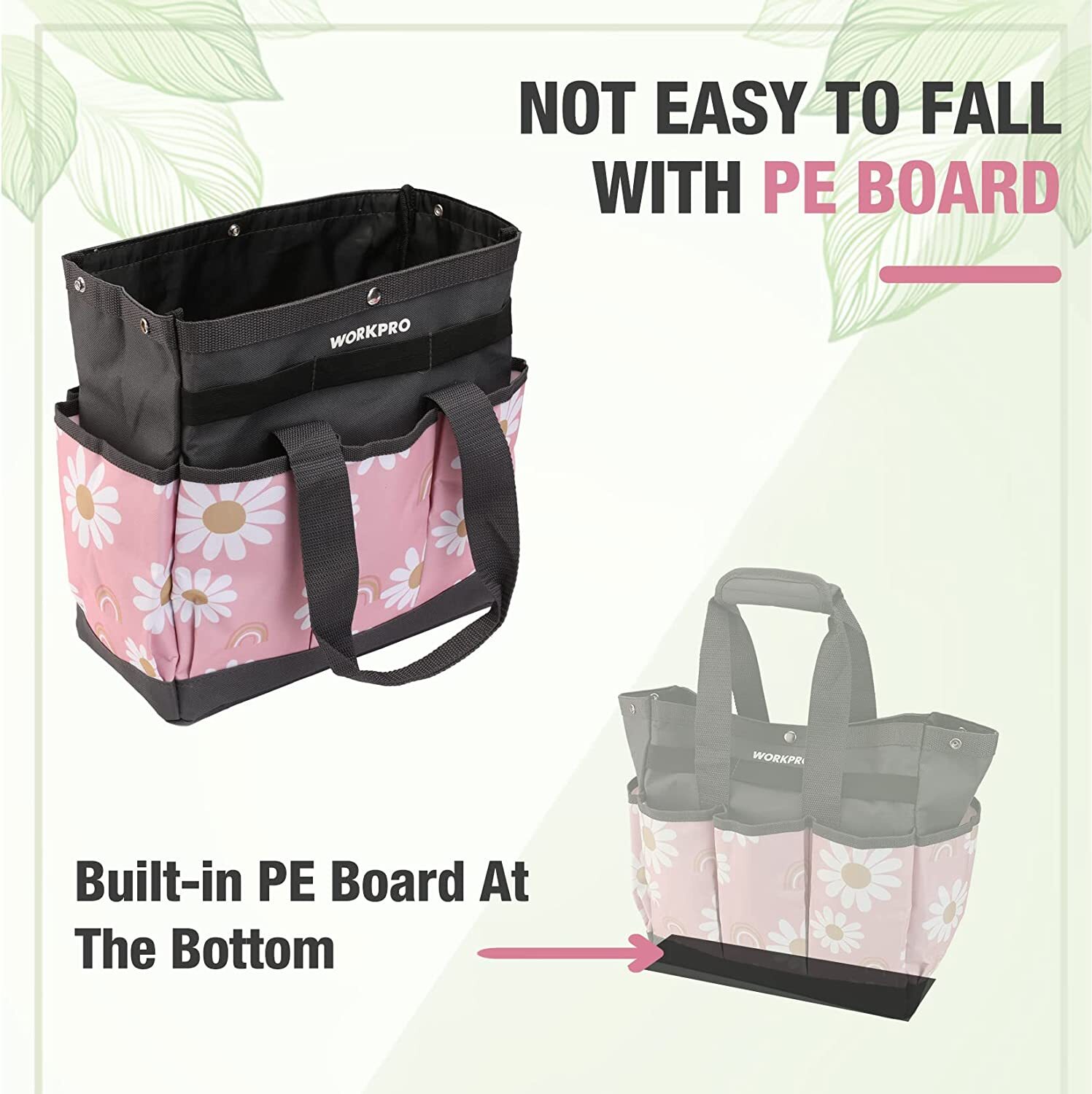 WORKPRO Oxford Garden Tool Storage Bag Heavy Duty w/ Anti-Slip Handle Pink/White