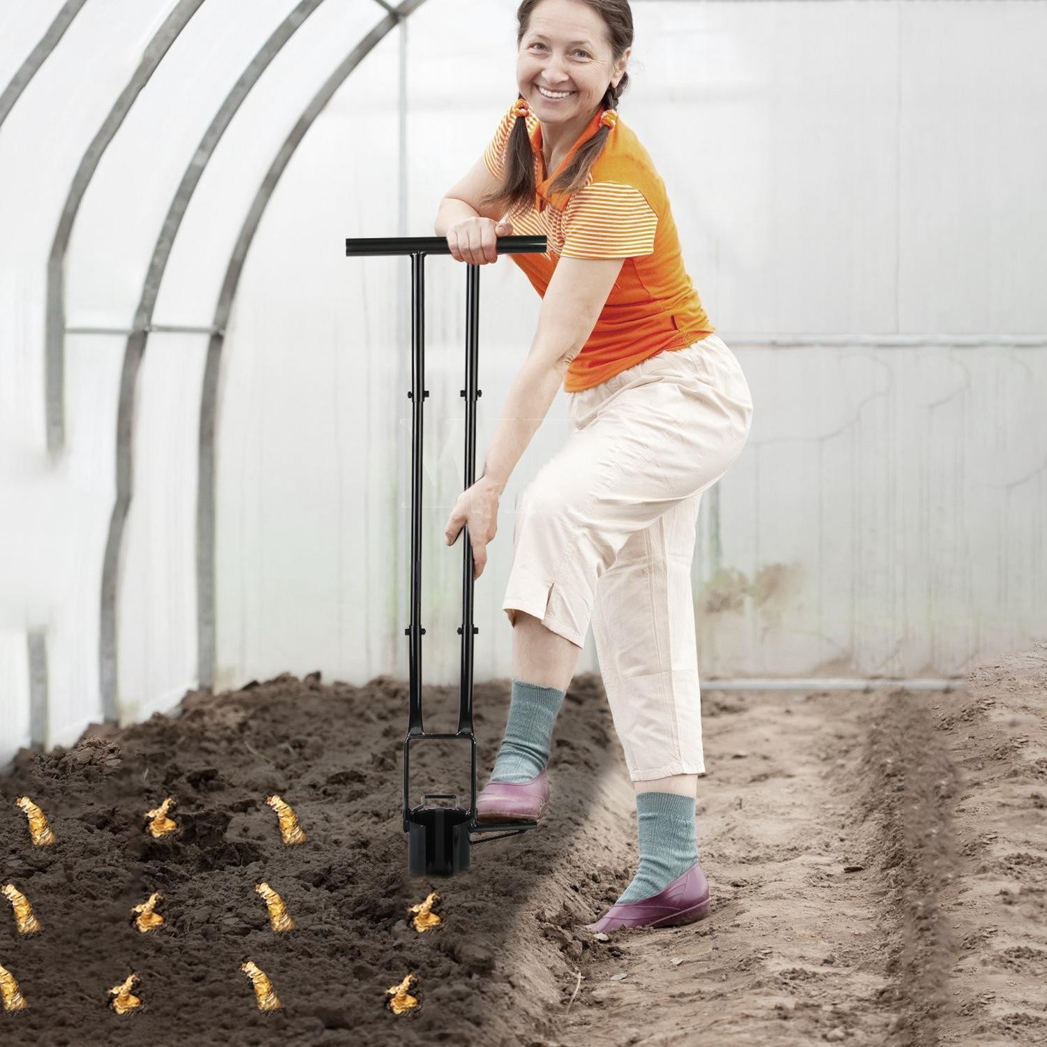 5-in-1 Bulb Planter Tool Long Handle Gardening Transplanter w/ Gloves Brush Base