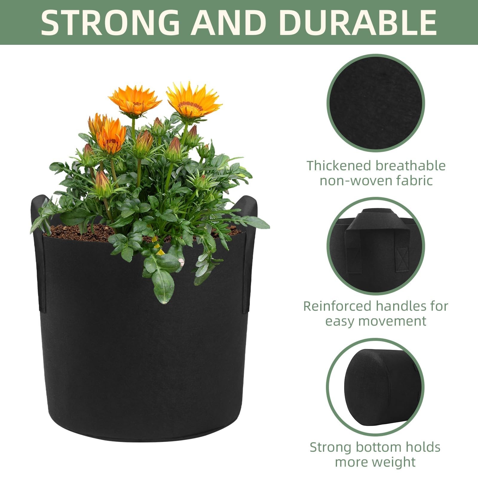 LITLANDSTAR 7 Pack Black Grow Bags, Thickened Nonwoven Plant Fabric Pots with…