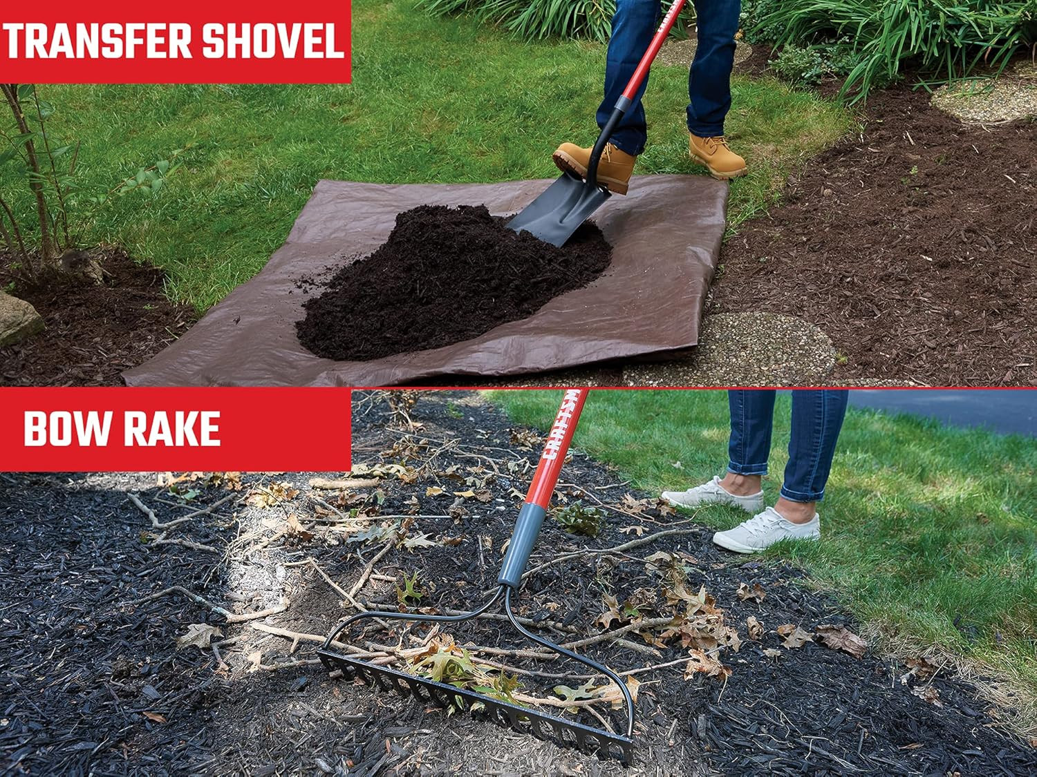 2-Piece Garden Tool Set with Transfer Shovel and Bow Rake, Fiberglass Handles, C