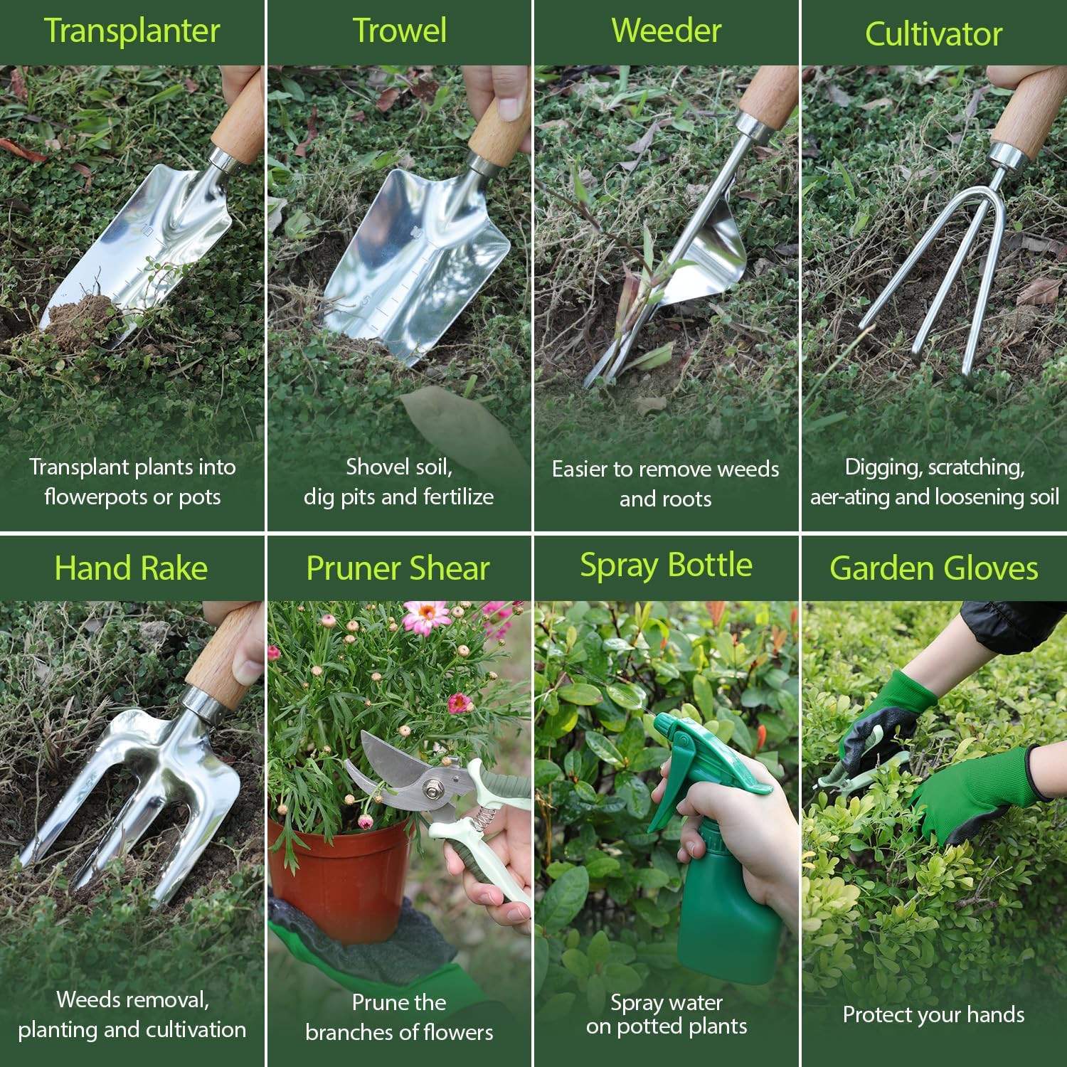 Garden Tool Set, 10 Piece Kit with Heavy Duty Folding Stool, Detachable Storage