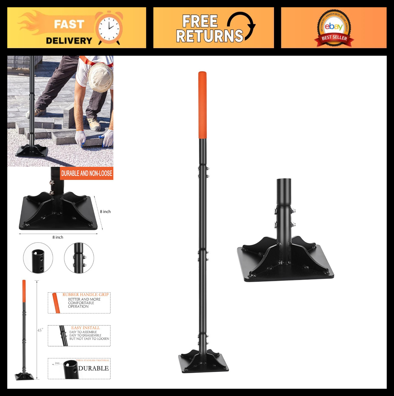 8″ x 8″ Steel Tamper with 45″ Long Handle & Rubber Grip – Durable Ground Levelin