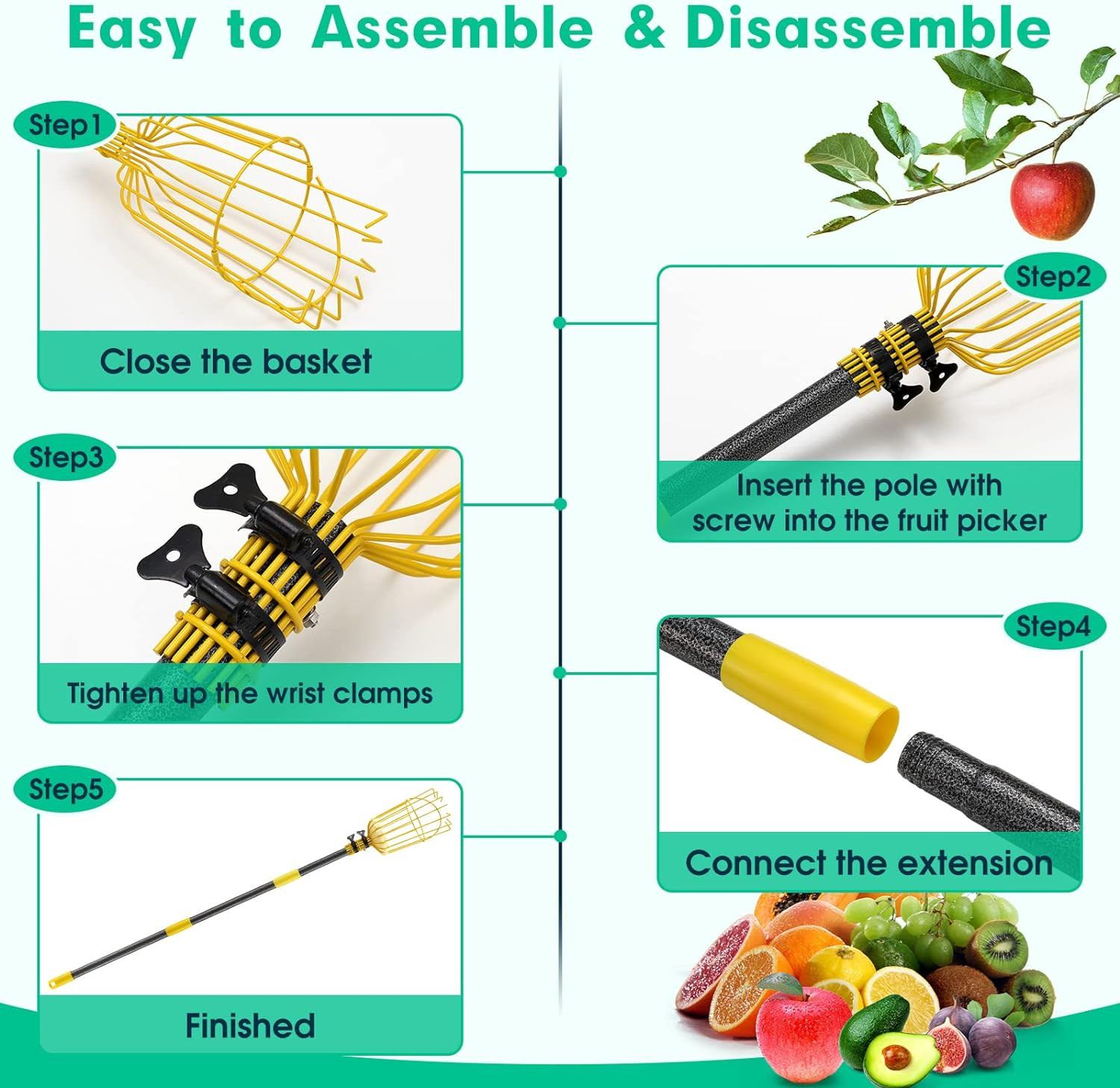 96″ Long handle Fruit orange apple etc picker grabber Catcher tool w/Big Basket