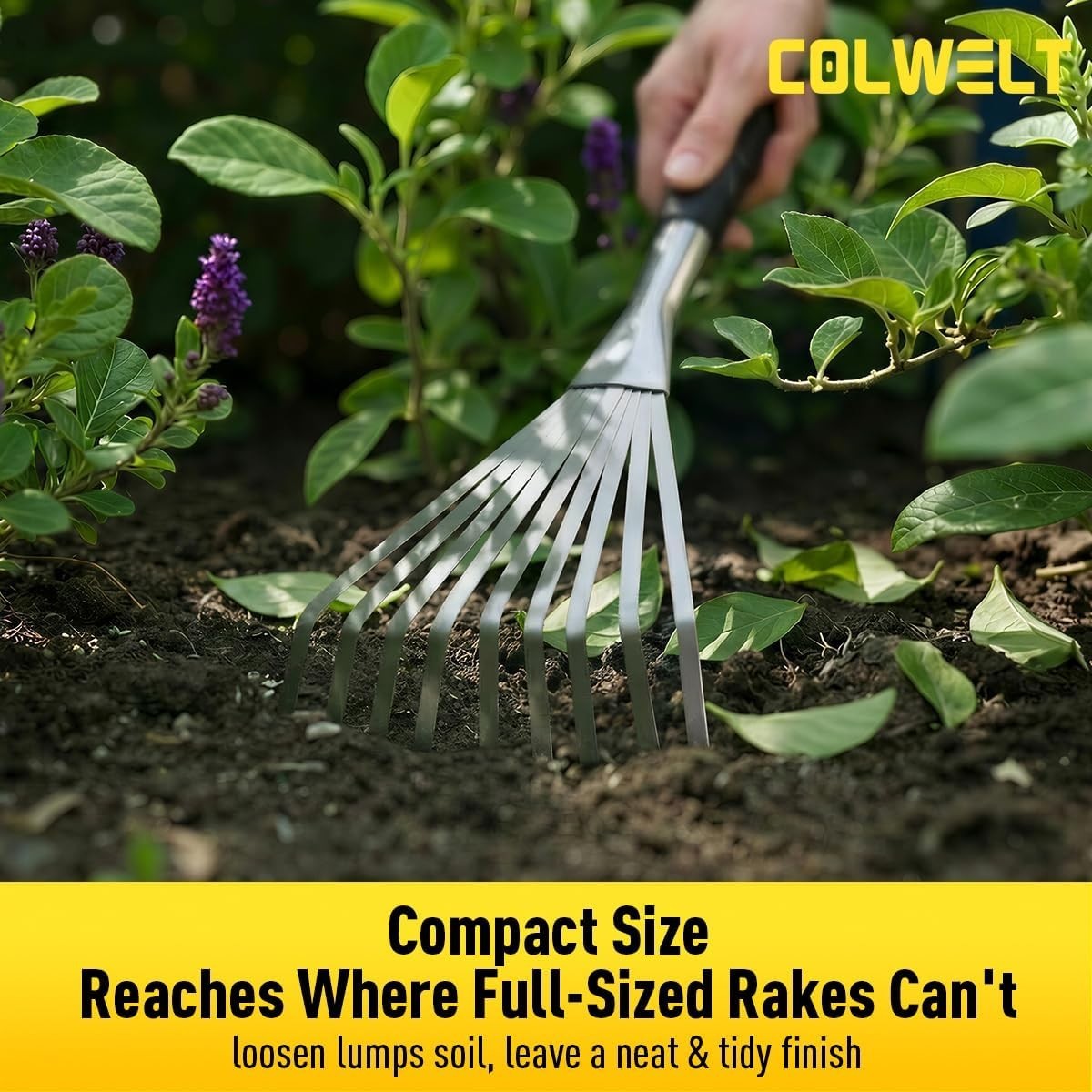 Versatile Small Gardening Rake – 16.5” Mini Rake for Leaves and Soil Preparation