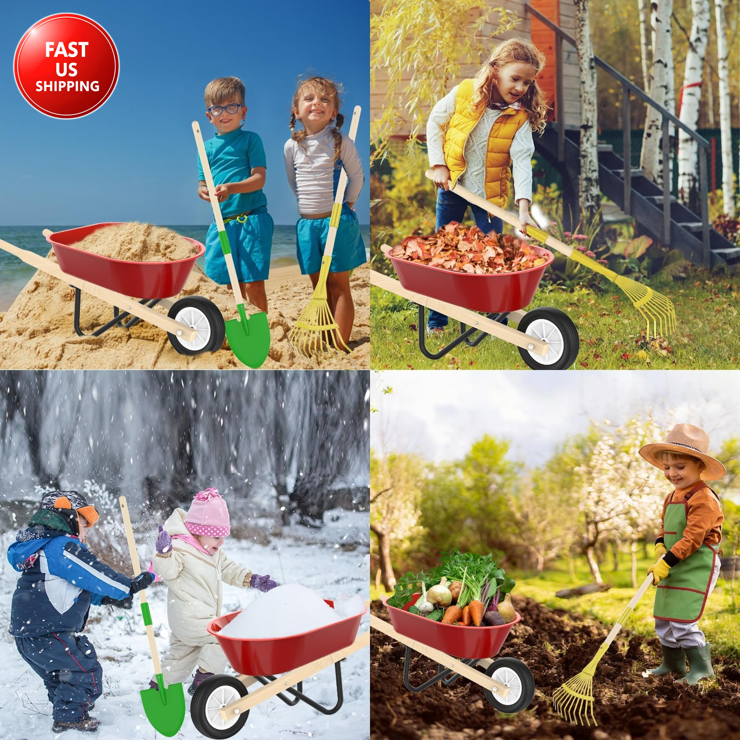 Kids Gardening Wheelbarrow Set, Metal & Wooden Garden Tools for Kids Ages 3-8, R
