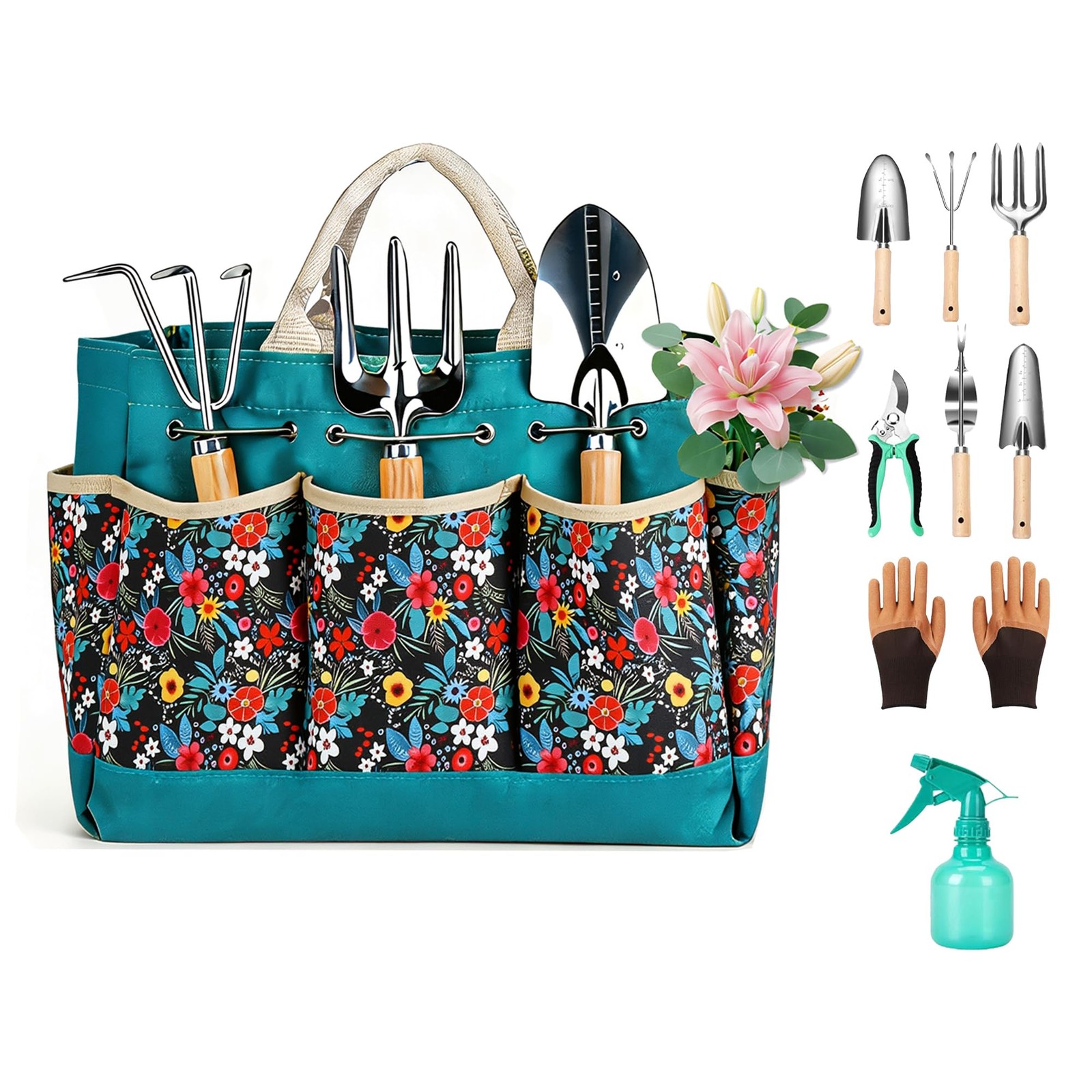 9 PCS Turquoise Garden Tool Set Heavy Duty Stainless Steel Gardening Hand Bag
