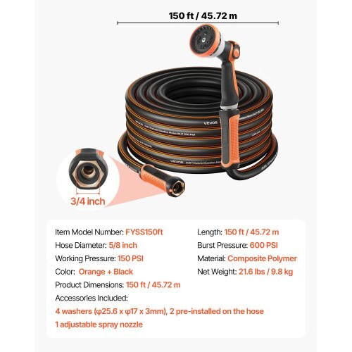 Garden Hose, 150 ft 5/8″ Heavy Duty Rubber Water Hose with 10 Mode Nozzle, 150P