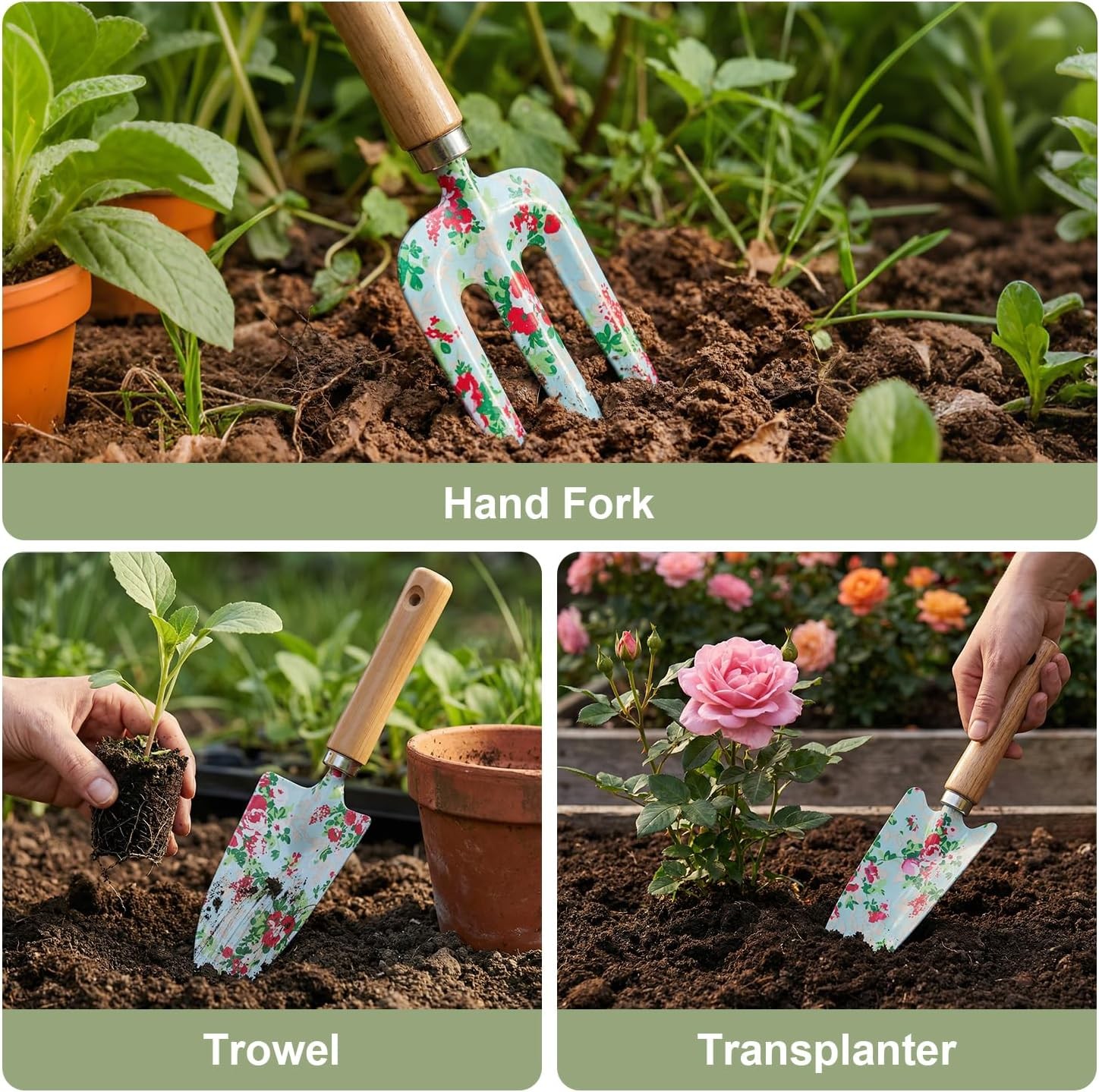 10Pcs Light Green Garden Tool Kit Trowel Shovel Rake Gift For Women Mom