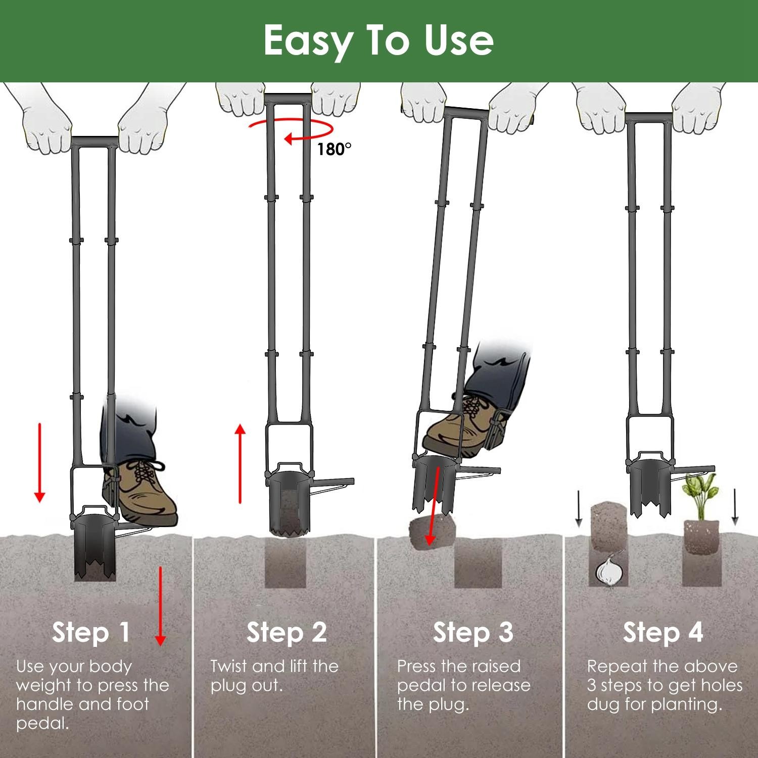 5-in-1 Bulb Planter Tool Long Handle Gardening Transplanter w/ Gloves Brush Base