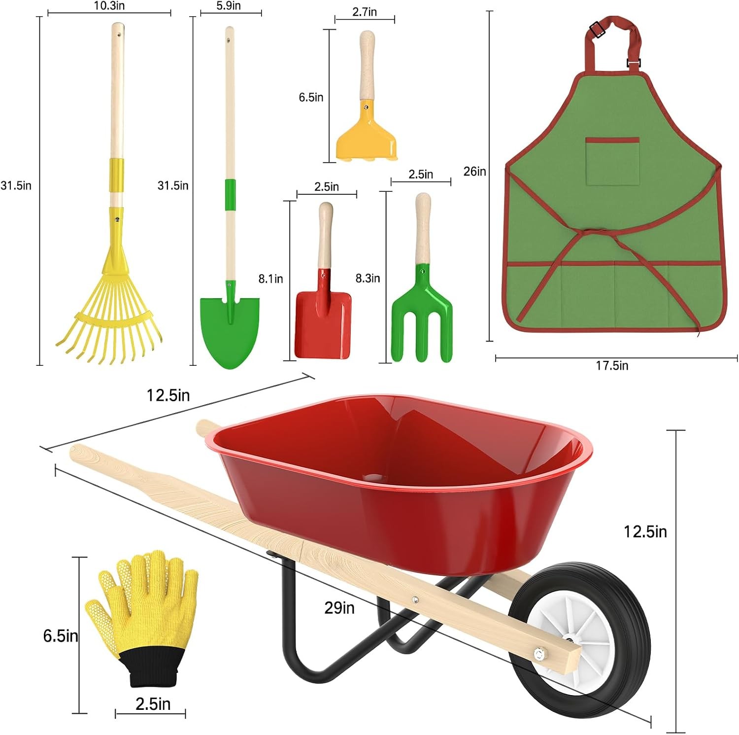 Kids Gardening Wheelbarrow Set Metal & Wooden Garden Tools Kids Ages 3-8 Real
