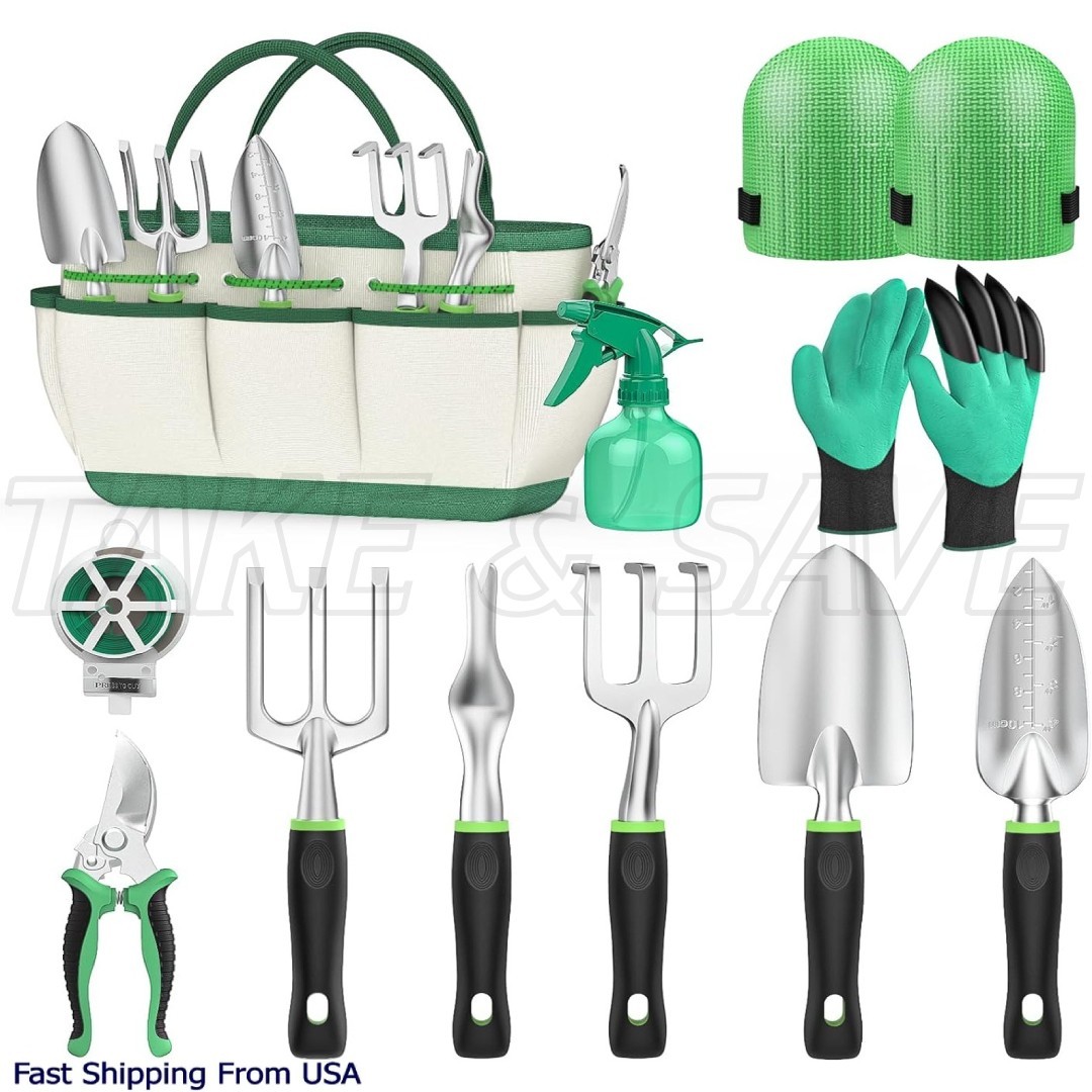 11 Piece Aluminum Home Garden Heavy Duty Tool Kit w/ Gardening Tote Bag Set