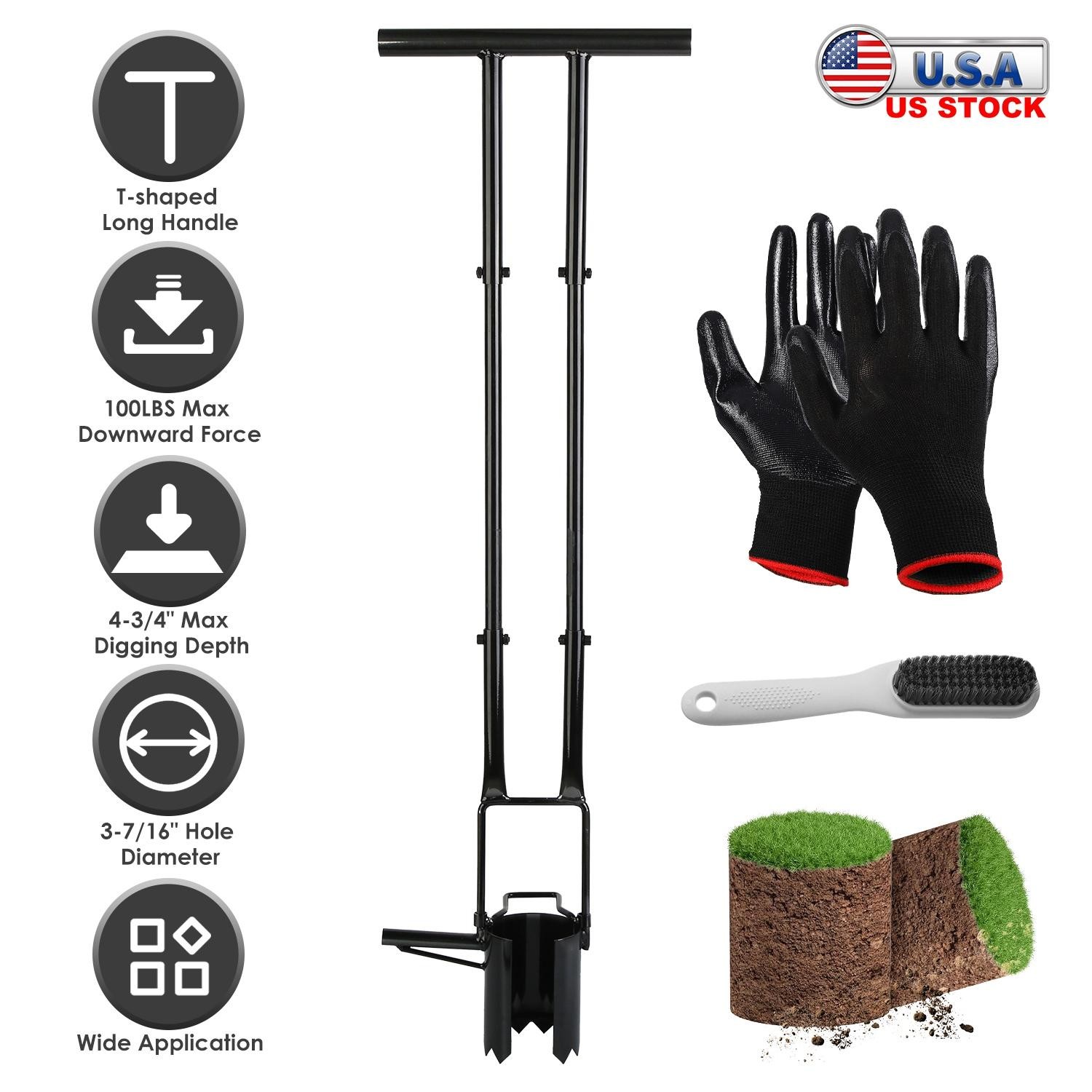 5-in-1 Bulb Planter Tool Long Handle Gardening Transplanter w/ Gloves Brush Base