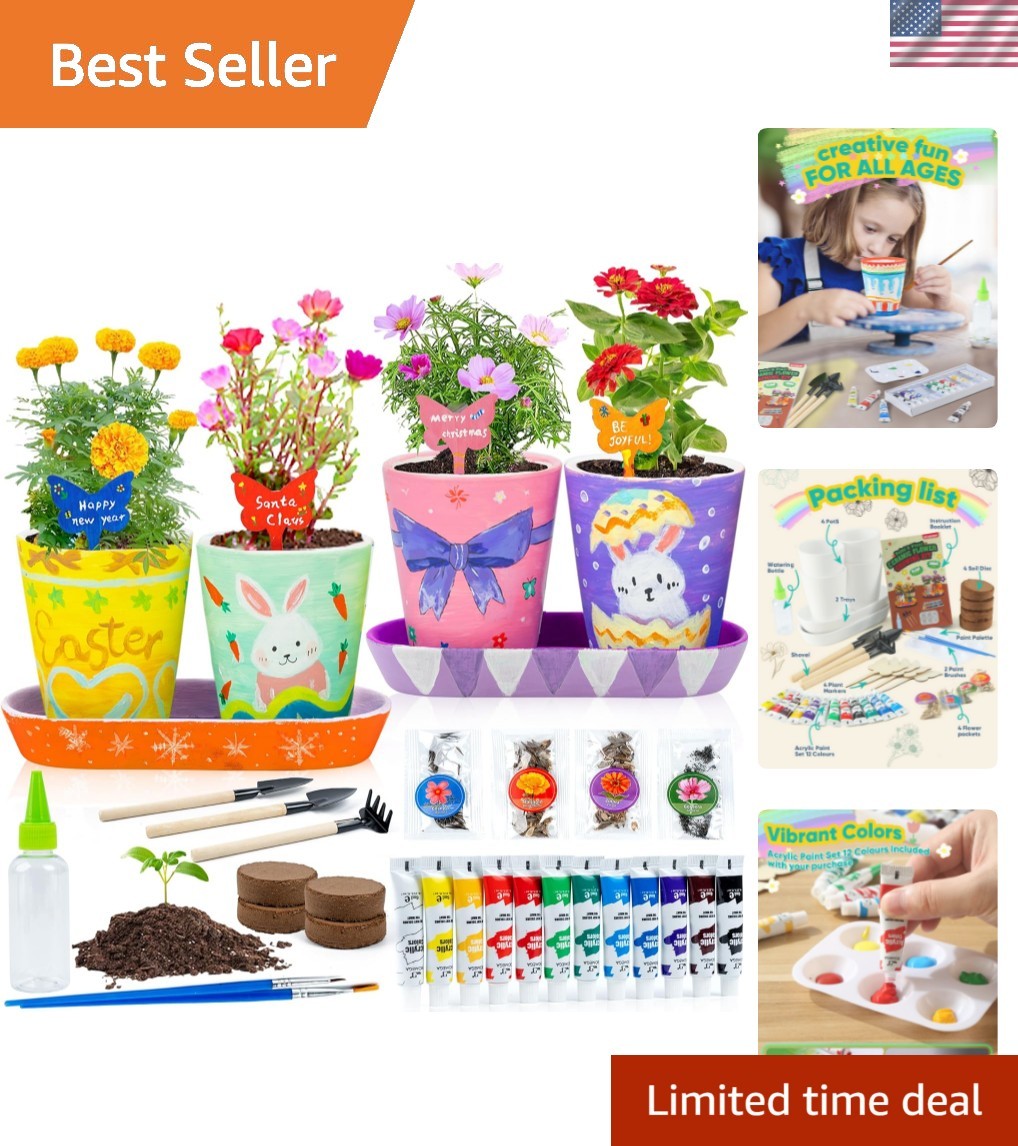 Kids Gardening Set Paint and Plant Stoneware Flower Gardening Kit with 4 Pots…