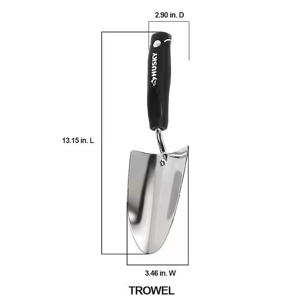 Husky 6.2 in. Double Grip Injection Handle Stainless Steel Garden Trowel, Black