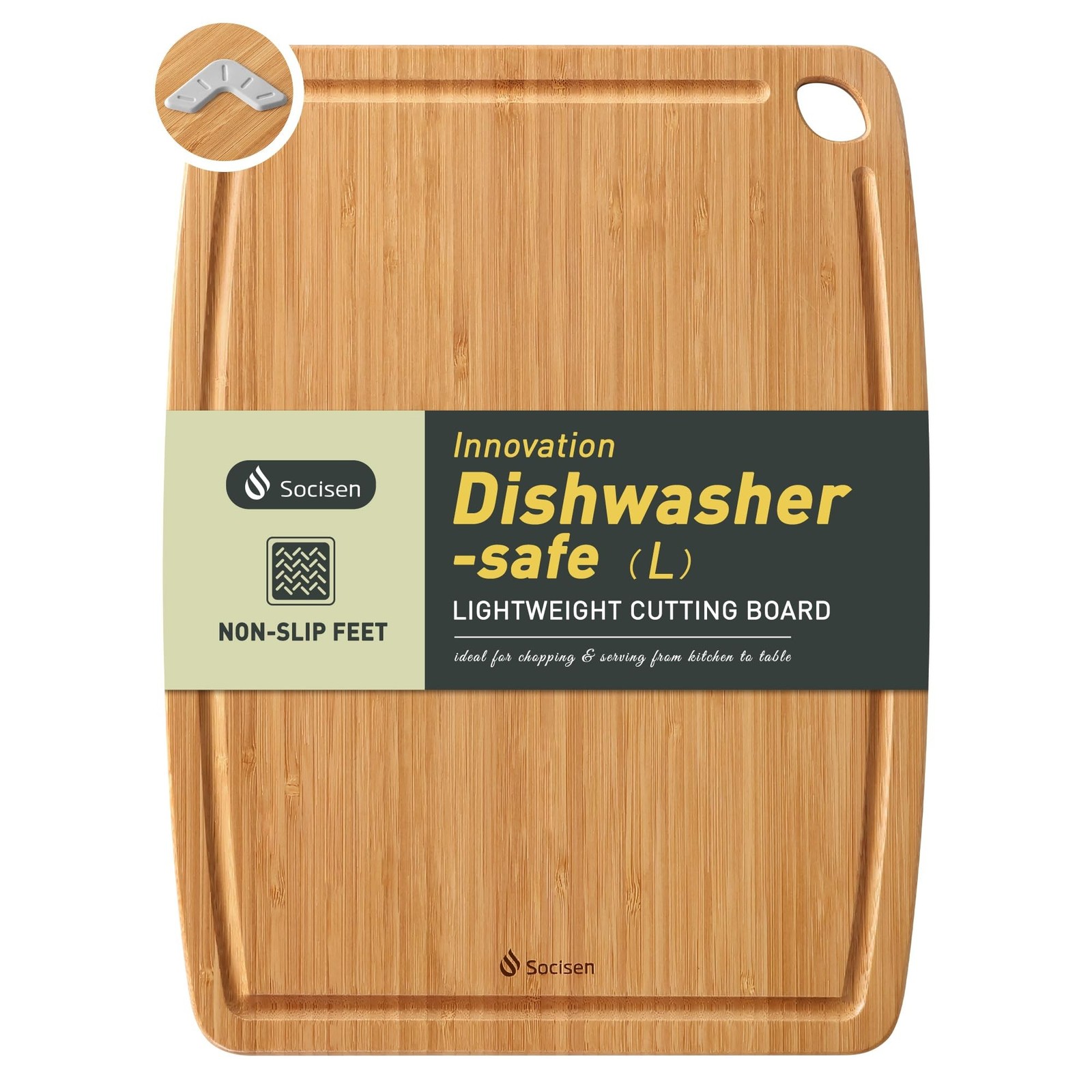 Lightweight Durable Bamboo Cutting Board with Non-Slip Feet, Non Toxic Wooden…