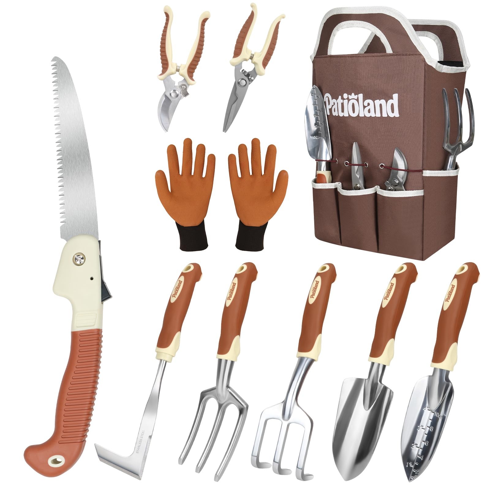 10-Piece Garden Tool Set, Brown Gardening Hand Tools Kit with Ergonomic Non-S…