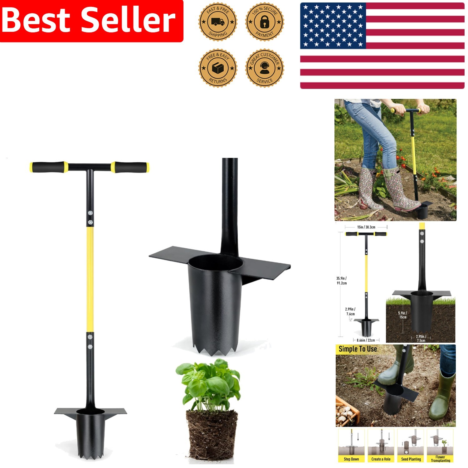 Stainless Steel Bulb Planter Tool Long Handle Garden Transplanter for Planting