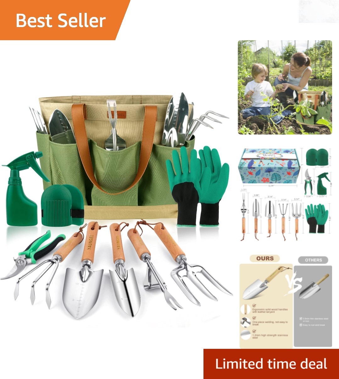 10 pcs Gardening Tools Set Stainless Steel Hand Tools with Wooden Handles