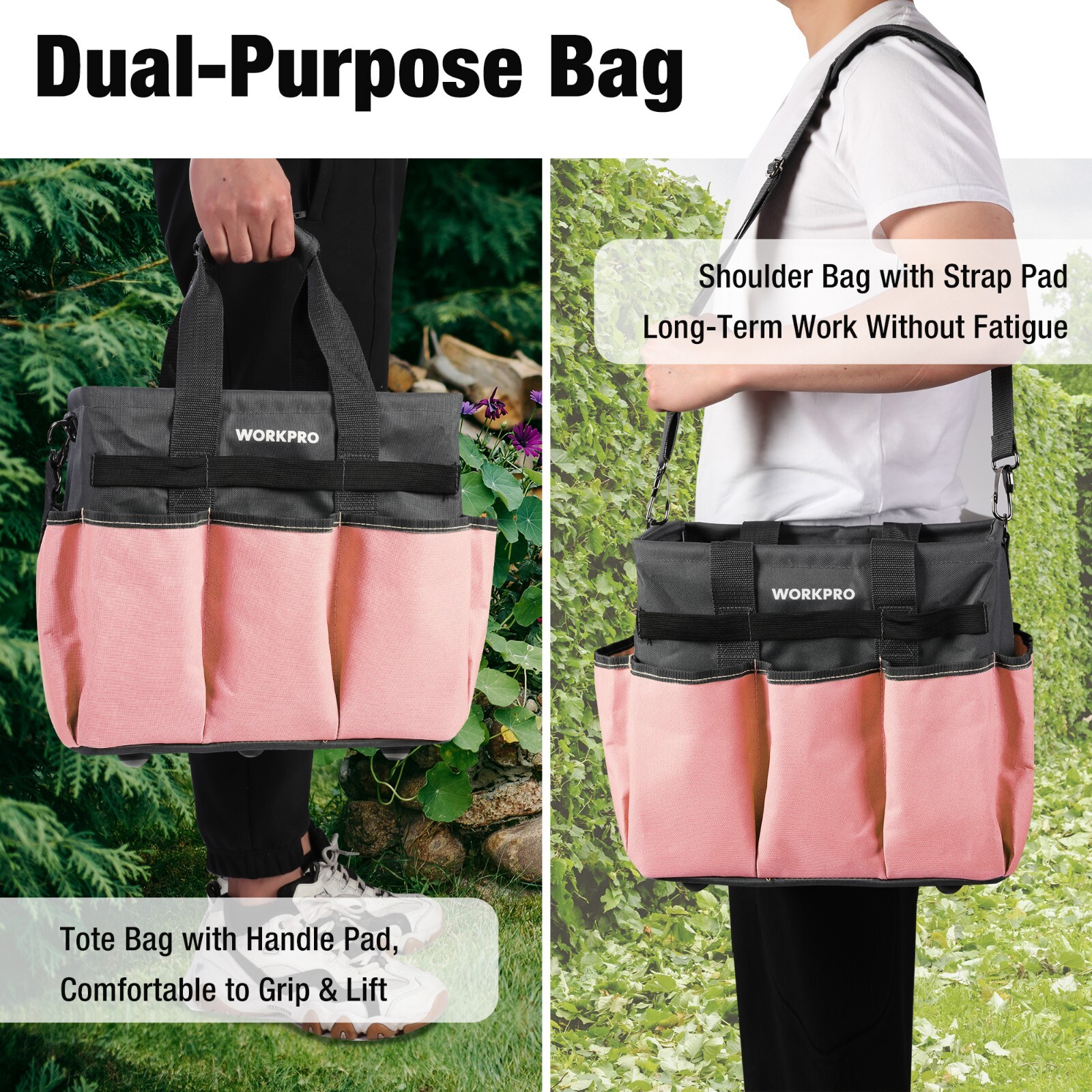 WORKPRO Garden Tool Bag, Heavy Duty with 10 Pockets Pink with Shoulder Strap