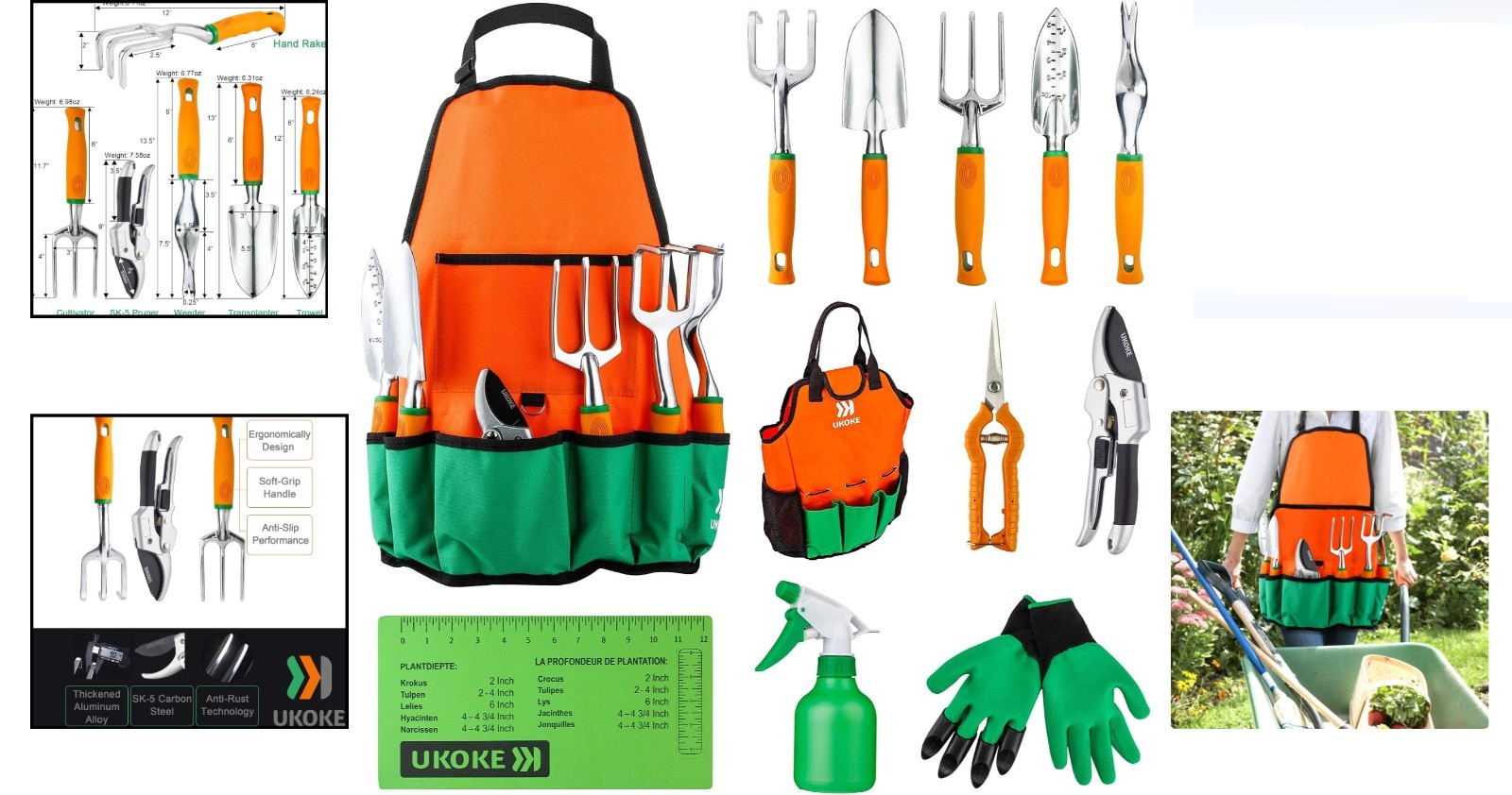 Garden Tool Set 12 pcs Aluminum Hand Garden Kit & Apron Outdoor Works