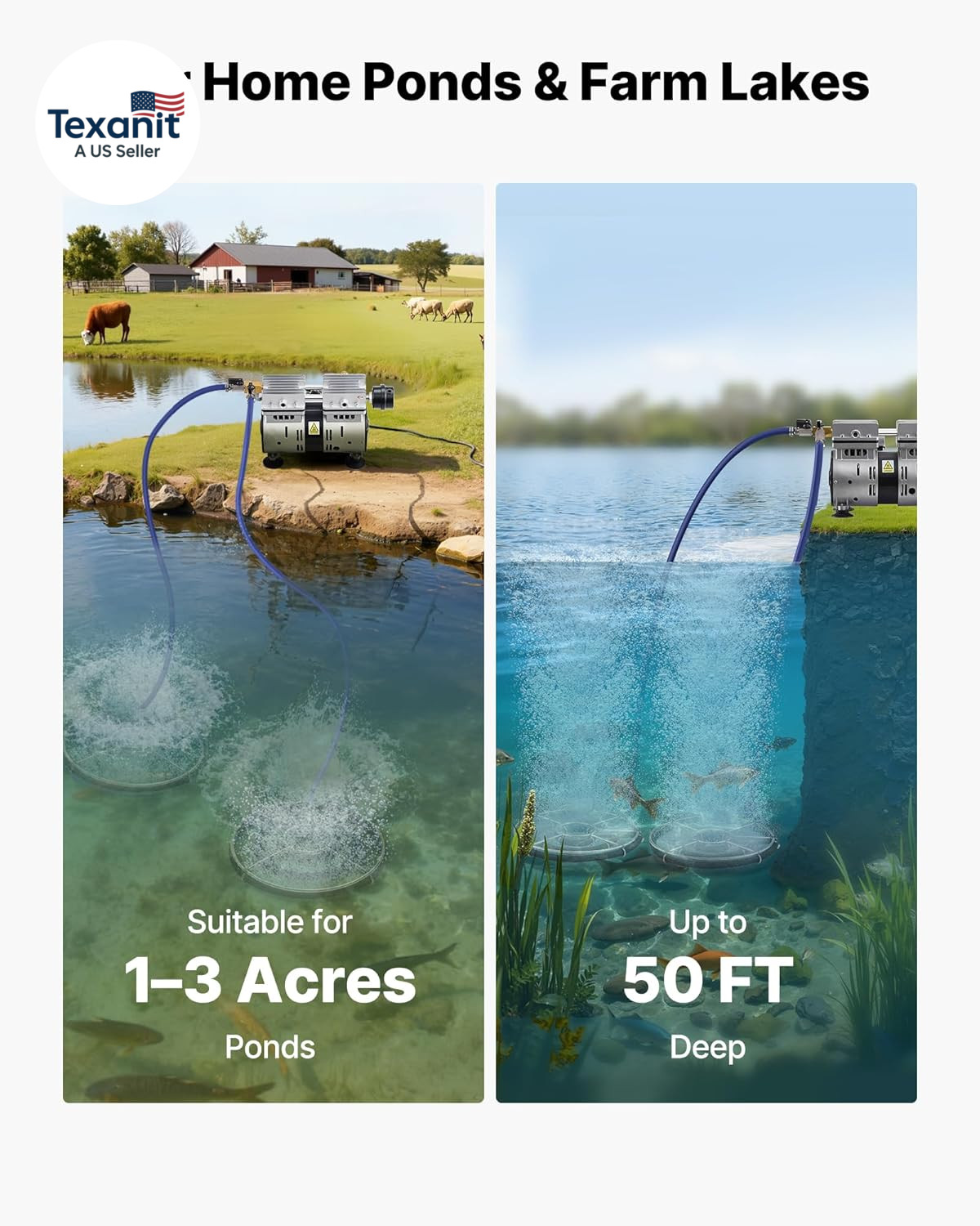 Pond Aerators, 5.2CFM Aeration System for Lake up to 3 Acres, 3/4 HP Air Compres