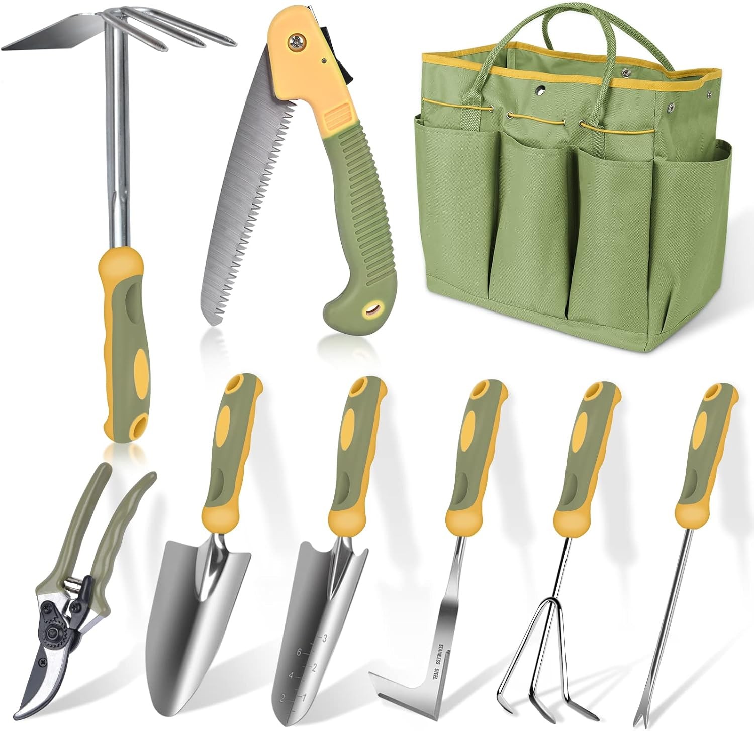 9 Piece Stainless Steel Heavy Duty Gardening Hand Tools with Handle, Durable Gar