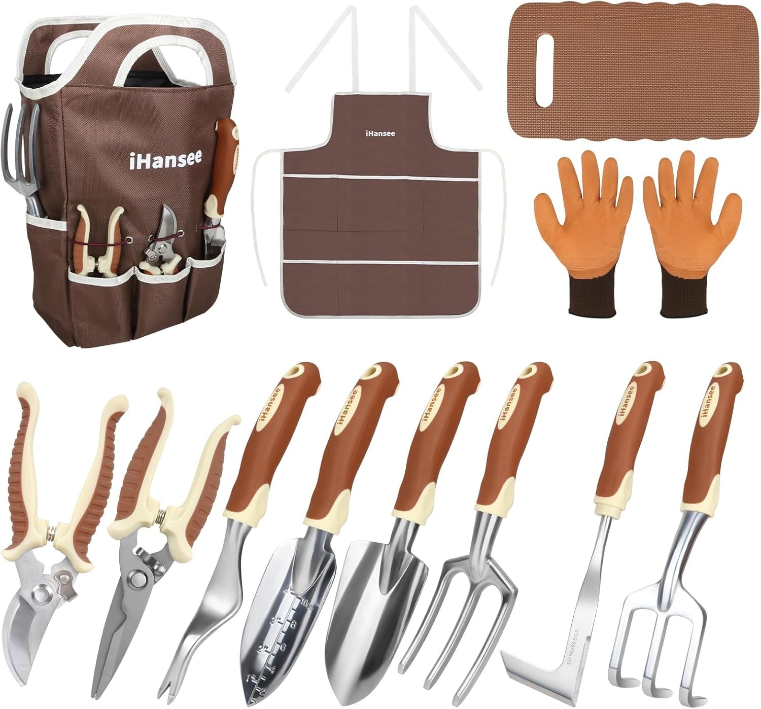 12Pcs Brown Garden Tool Set Bag Apron Gloves Gift For Plant Lovers