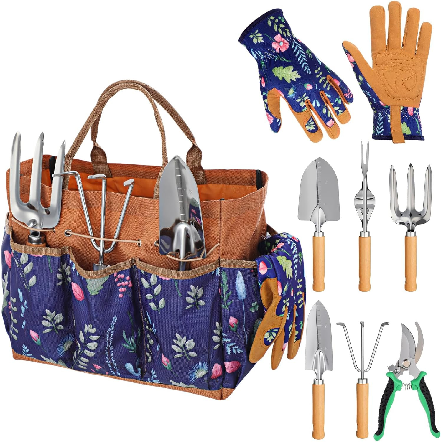 8 Pcs Gardening Tool Set 12.6X6.3X10.4 Inch Multi-Pocket Large Floral Tote Bag w
