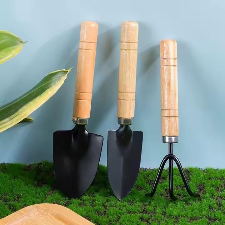 3 Pcs Mini Gardening Tool Set, Shovel, Spade, Rake Kit with Ergonomic Wooden
