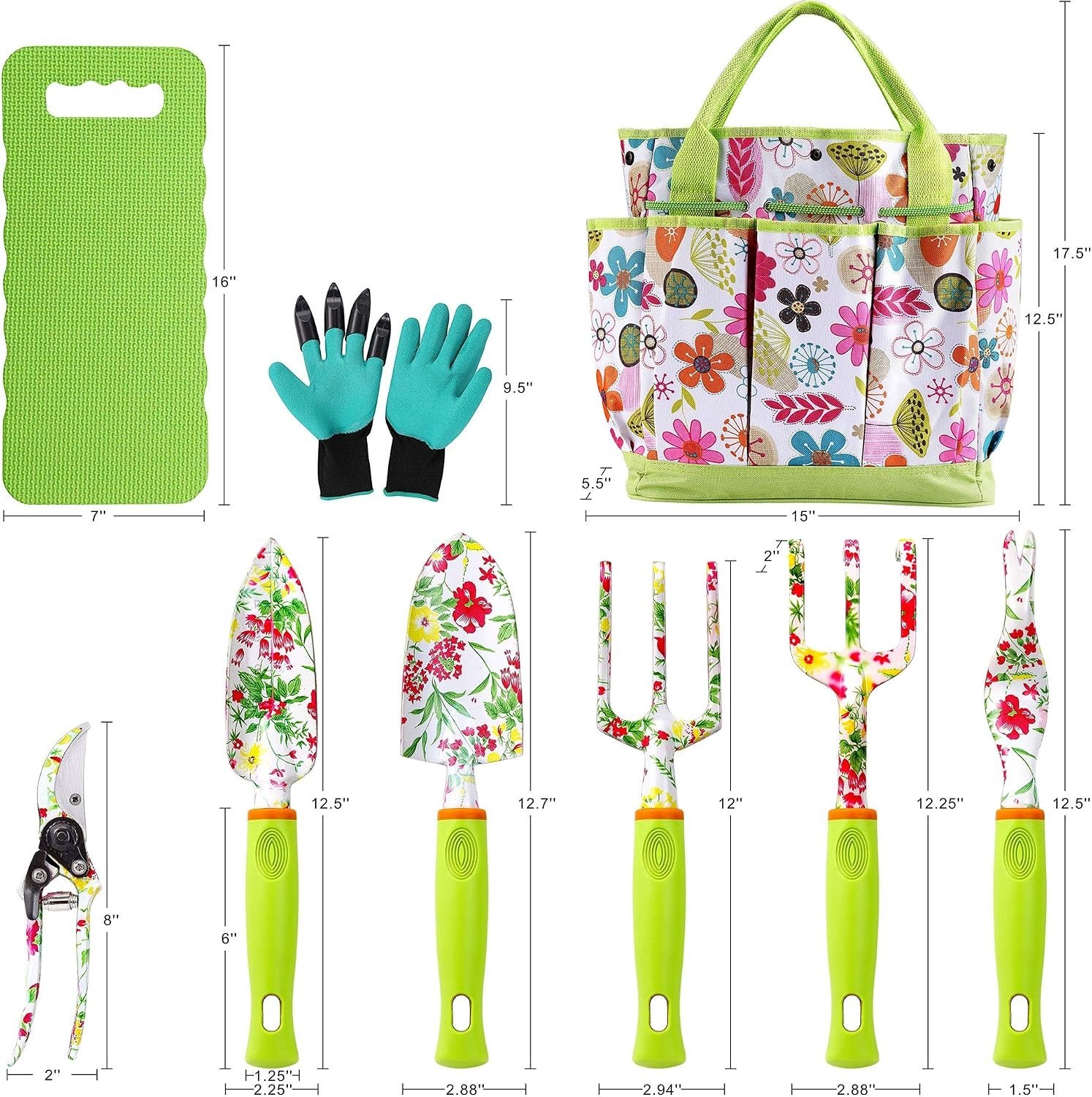 Heavy Duty Garden Tool Kit with Gloves Tote Kneeling Pad Set
