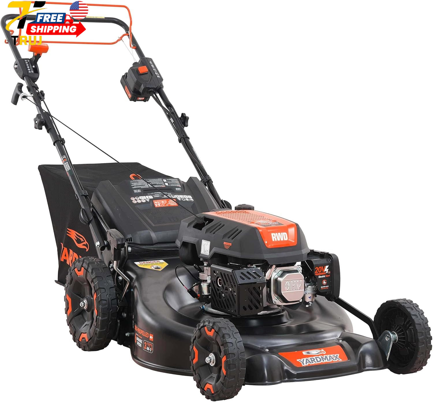 3 in 1 Gas Walk Behind Self Propelled Lawn Mower 24in 201cc Electric Start Selec