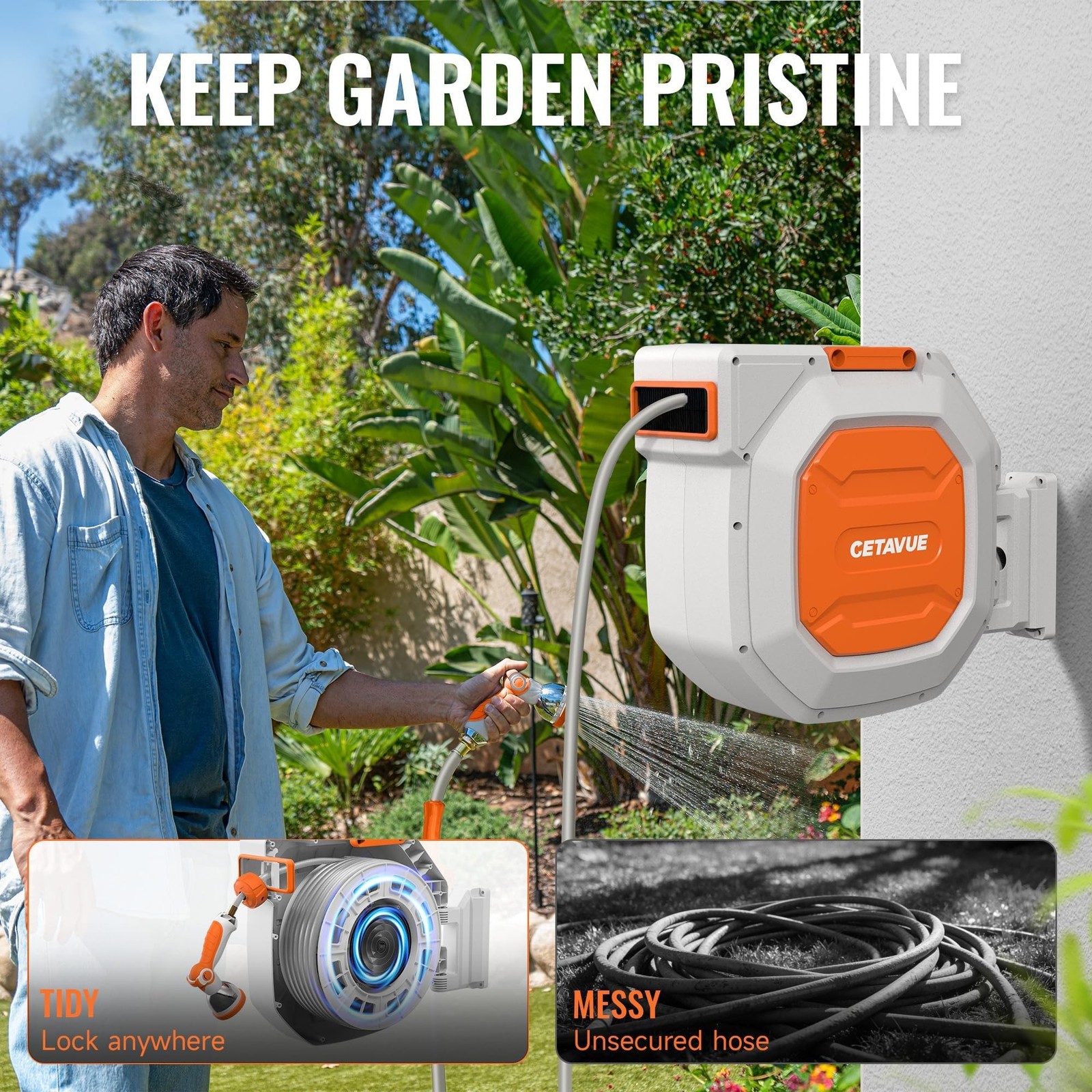 Retractable Garden Hose Reel 1/2 inch x 150 ft,Wall Mounted Heavy Duty Garden…