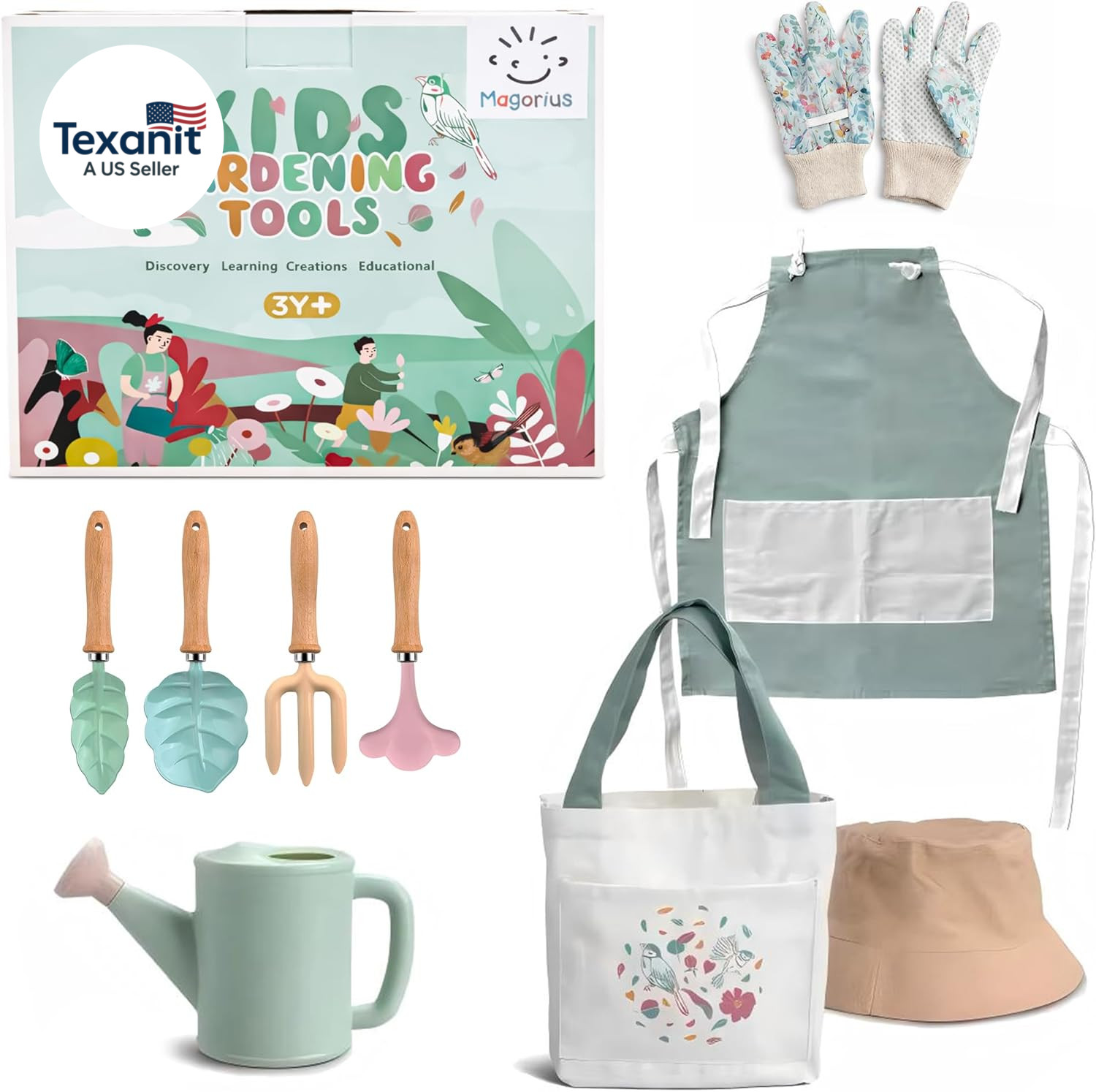 Kids Gardening Tools Set – 9 Piece Real Metal Tools with Sturdy Wood Handles, In