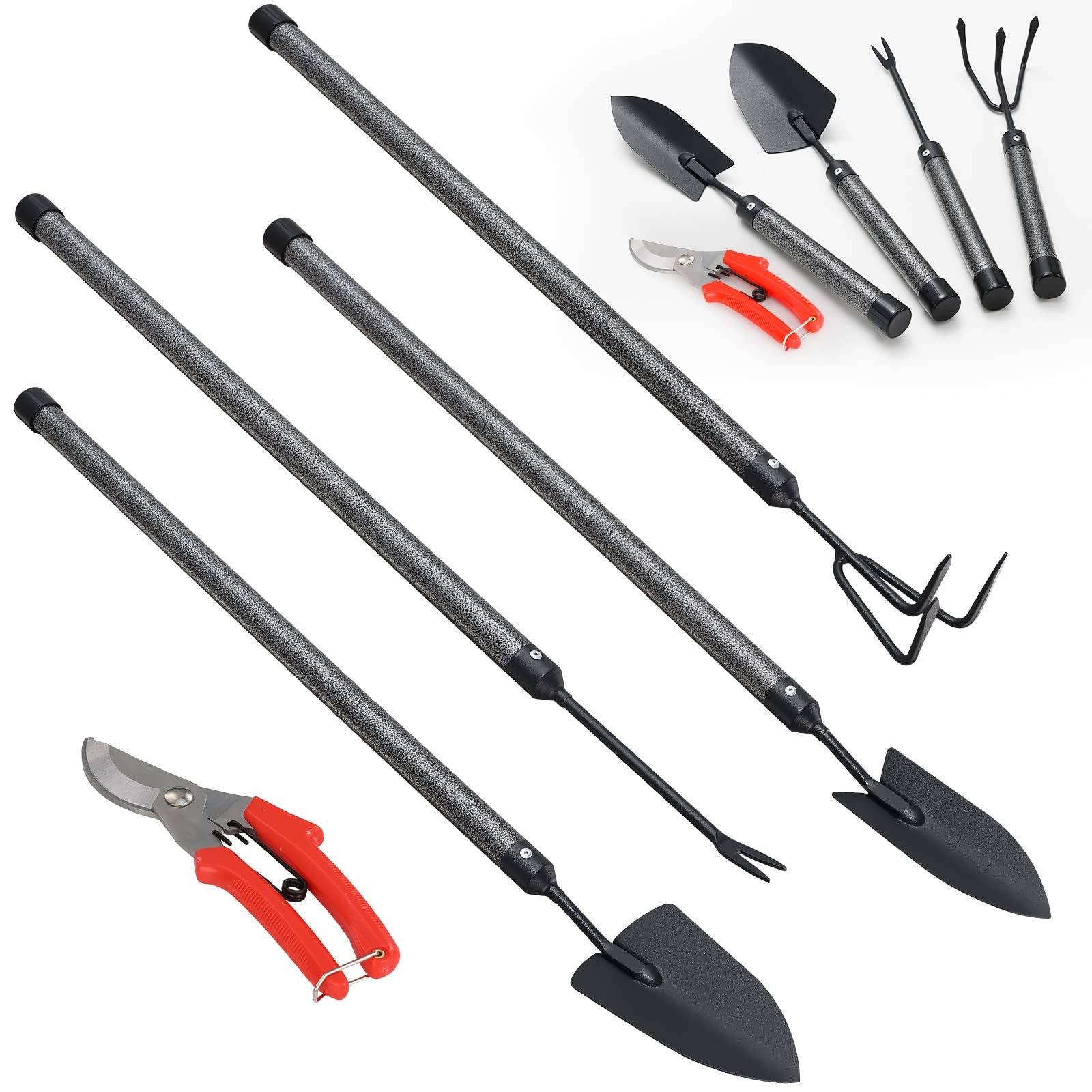 5 PCS Heavy Duty Garden Tools Set Extended Handle Trowel Rake Weeder Shears