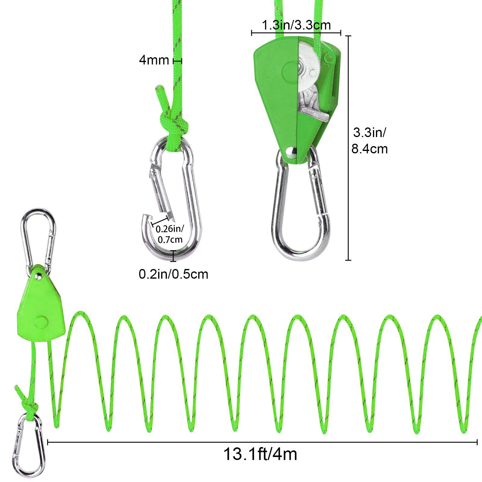 4x Adjustable Rope Pulley Ratchet Tie Down 150LB Reflective Tent Guy Line 13.1FT