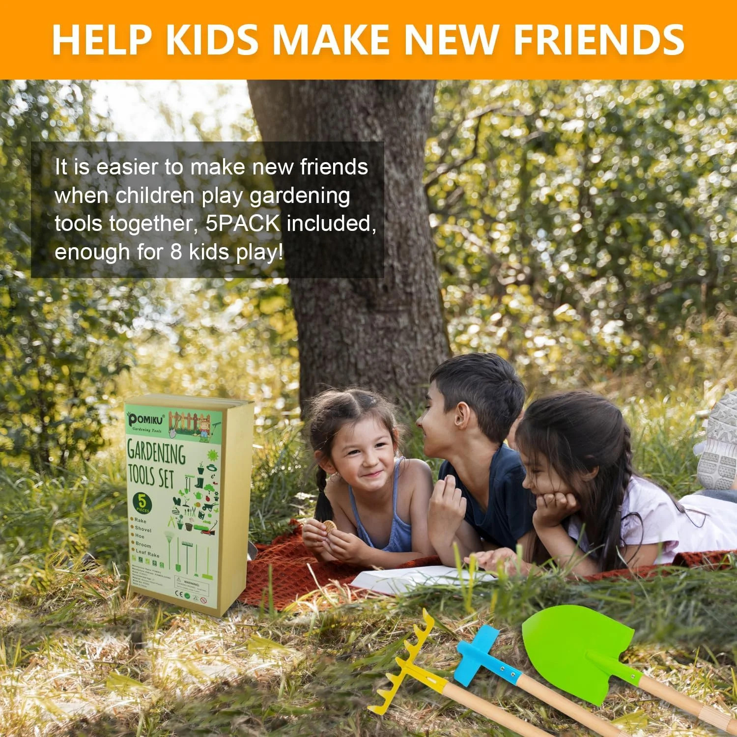 Kids Shovel, Rake for Leaves, Spade, Hoe and Broom, 5Pcs Kids Garden Tools, Gard