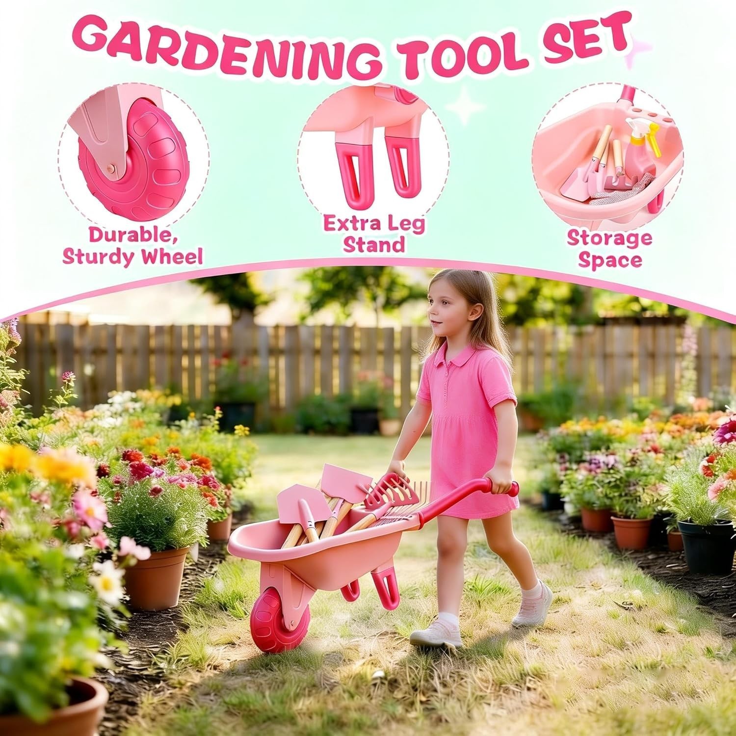 Kids Gardening Tools Set with Wheelbarrow, Wooden & Metal Outdoor Gardening T…