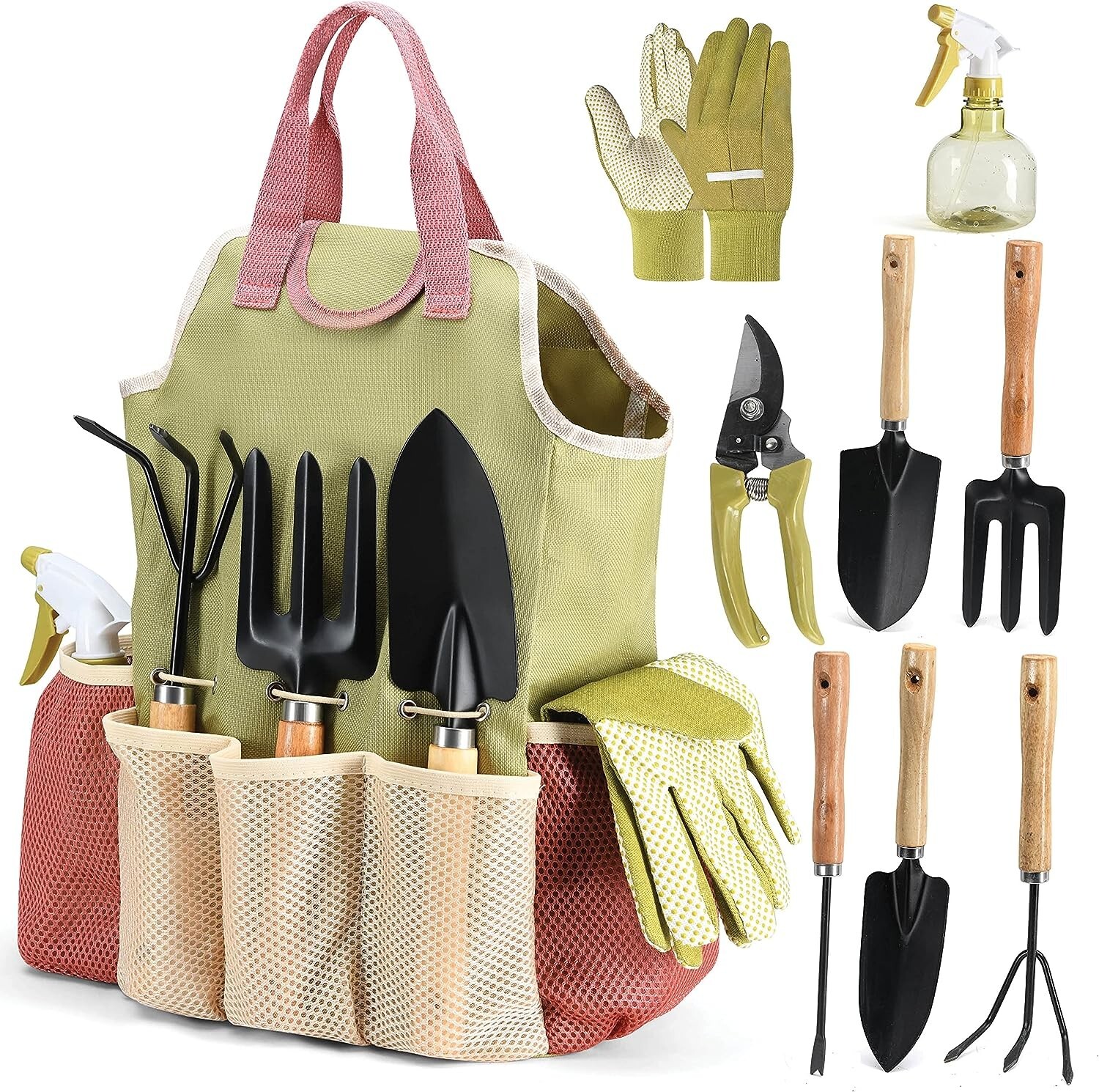 Complete Garden Tool Kit Comes with Bag & Gloves,Garden Tool Set with Spray-Bott
