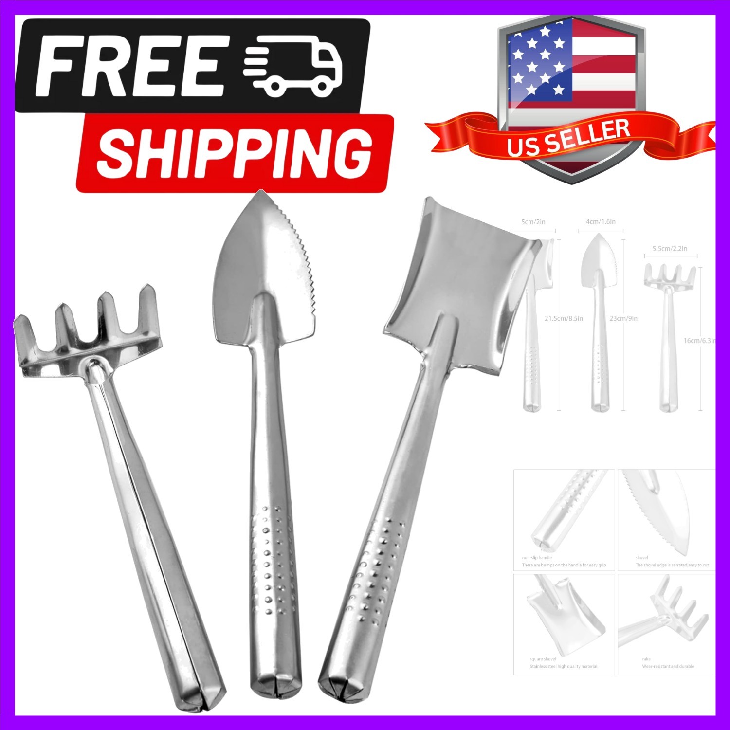 3 Pieces Mini Garden Tools Set, Stainless Steel Shovel Rake Spade Gardening K…