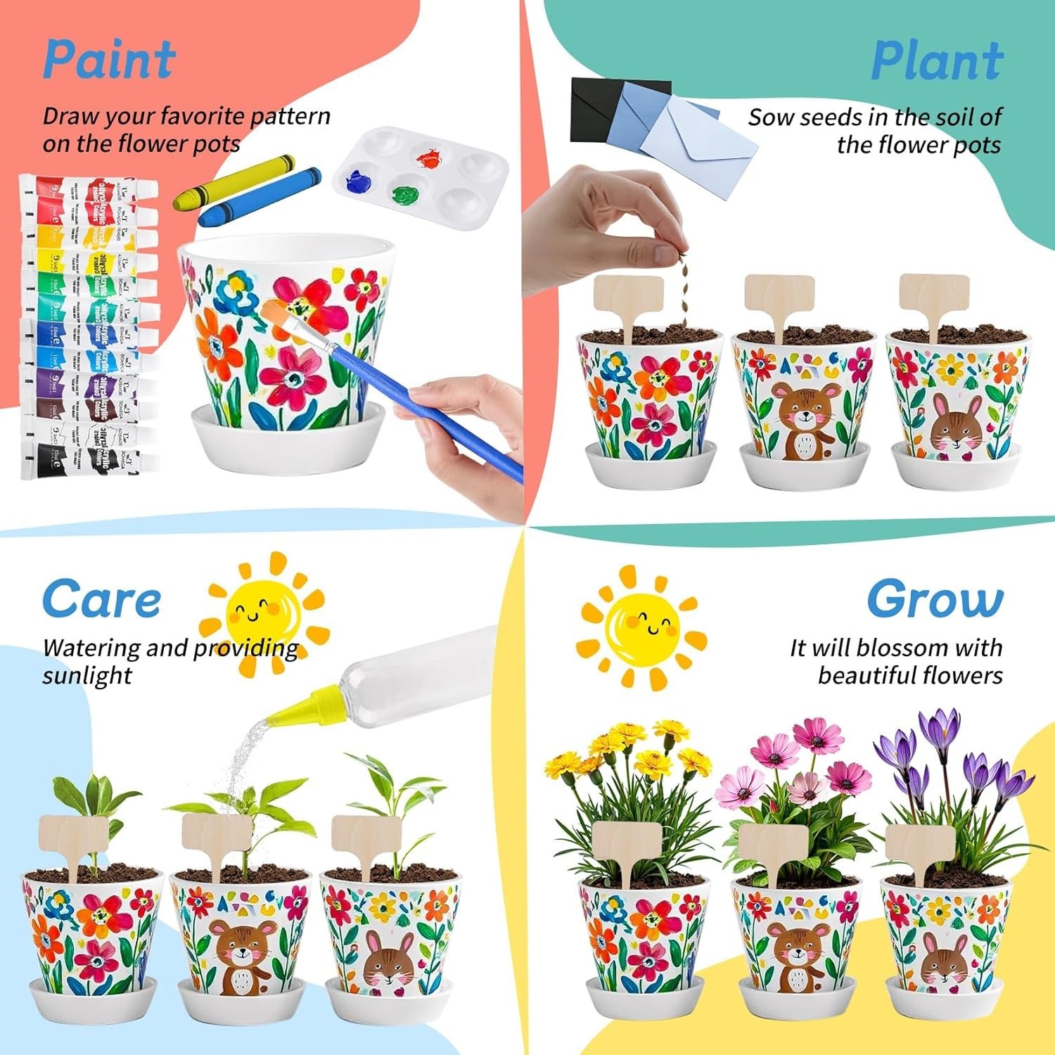 Kids Gardening Set Paint and Plant Flower Gardening Kit with 3 Pots, Kids Gar…
