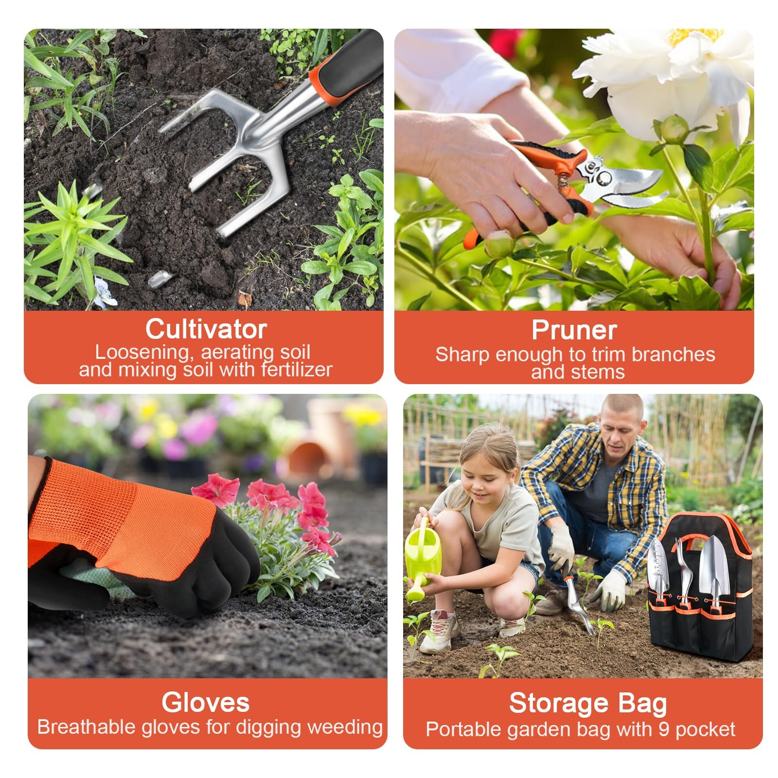 Garden Tools Set, 8 Piece Gardening Set with Non Slip Ergonomic Orange