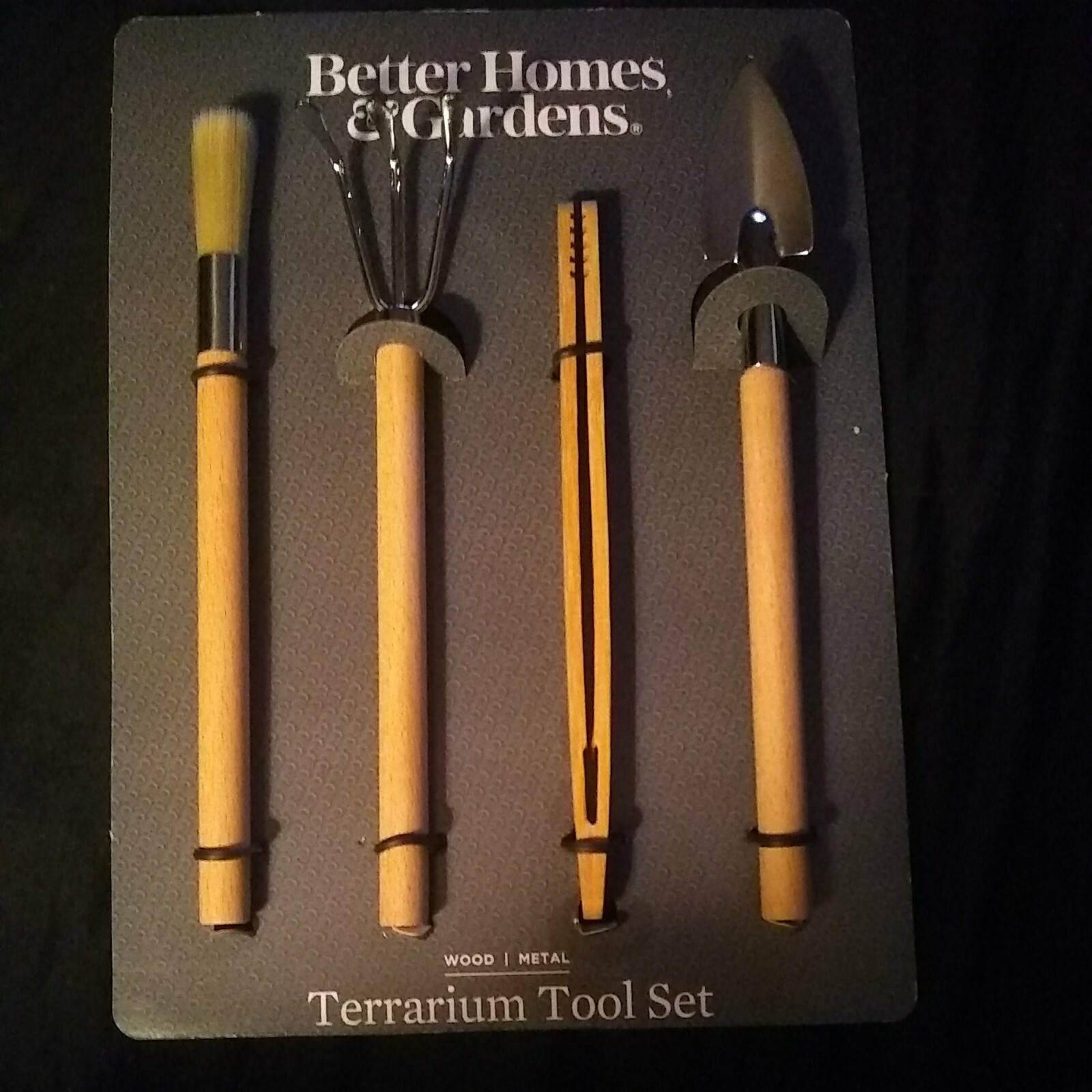 Better Homes & Gardens Terrarium Tool Set Wood Metal Rake Shovel Brush Tweezers!