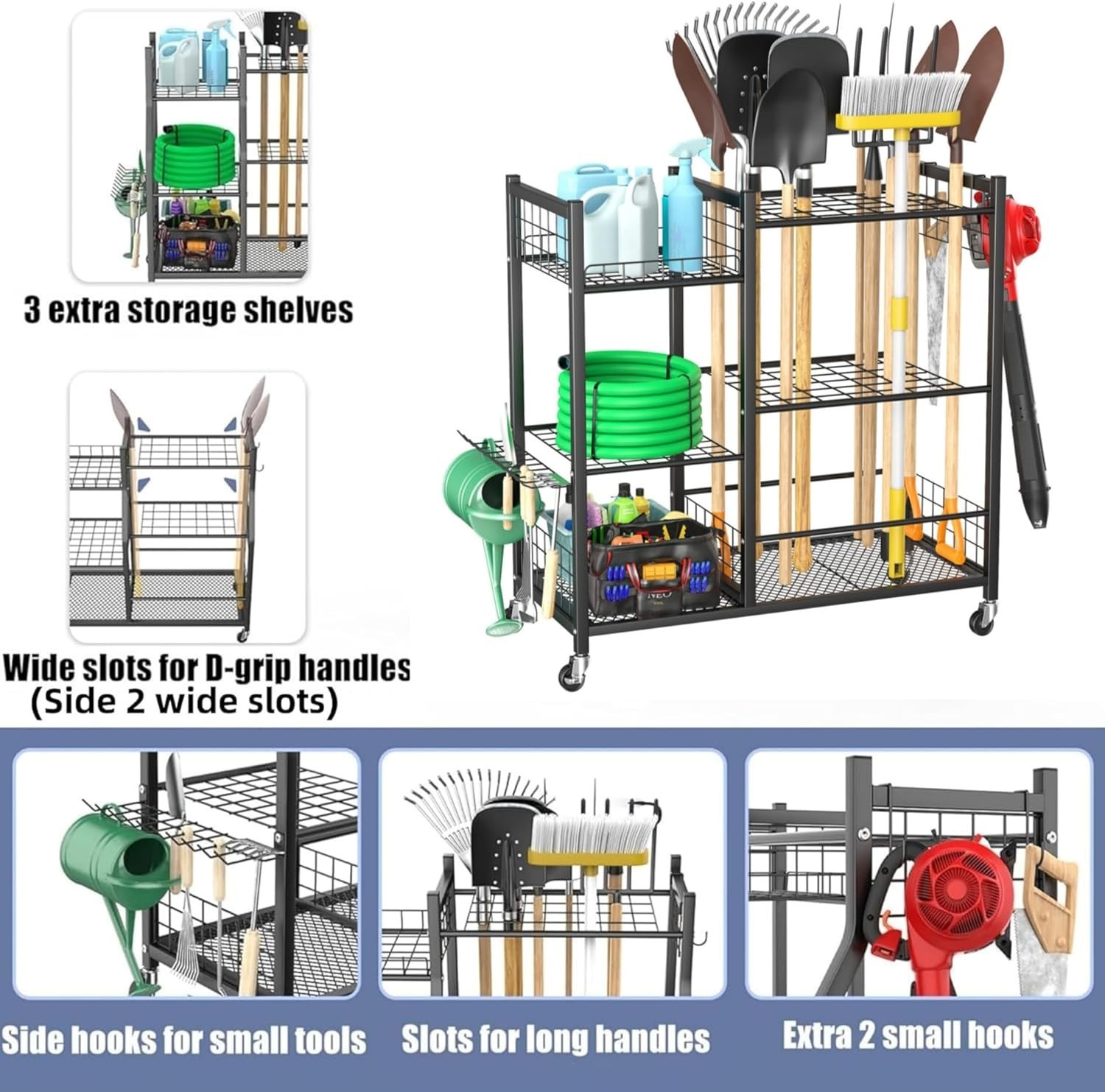 Large Garden Tool Organizer with Wheels for Garage, Rakes/Shovels/Yard Tools …