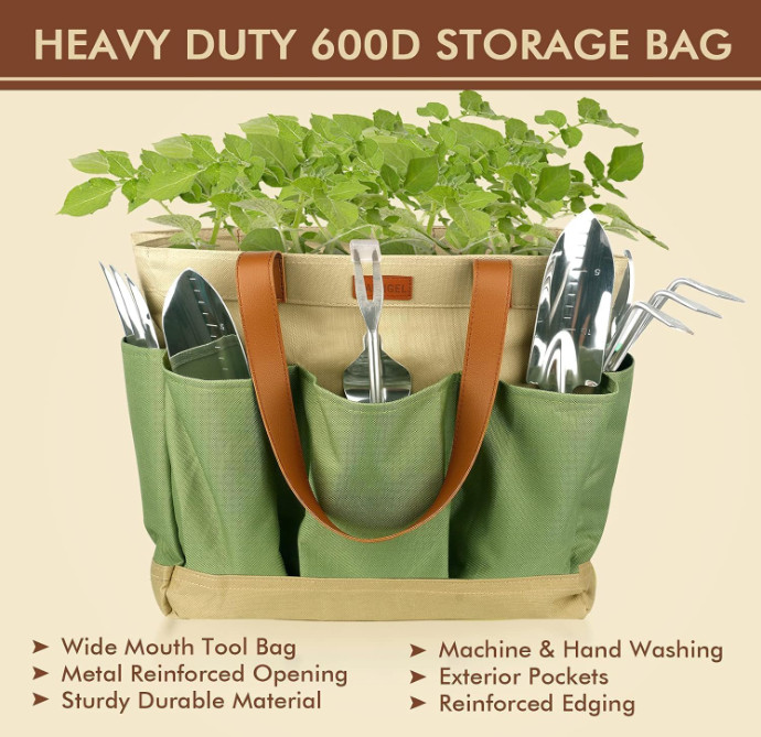 Set jardinería 10 piezas acero inoxidable, mango madera con bolsa portátil. NUEV