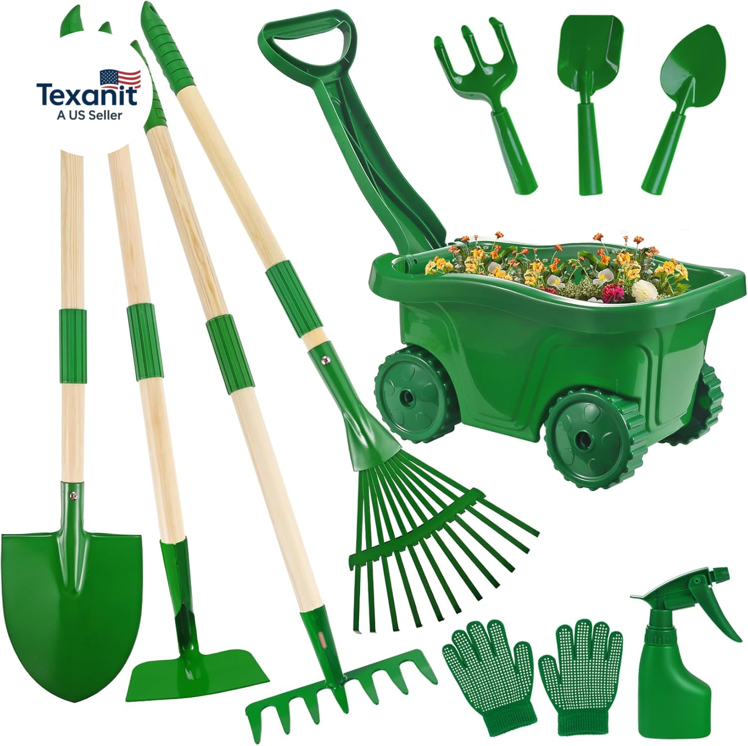 Kids Gardening Tools Set – 10Pcs Wheelbarrow Set for Kids with Shovel, Rake, Lea