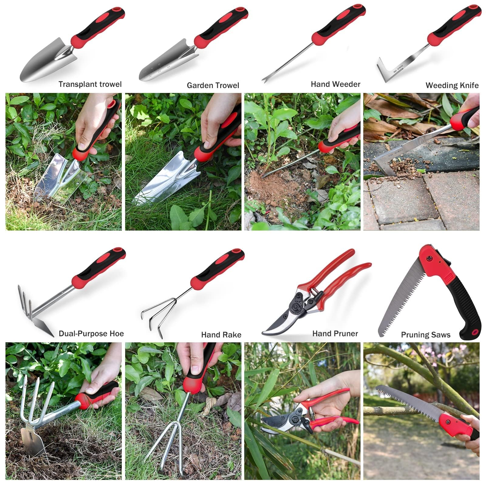 9 PCS Red Heavy Duty Stainless Steel Garden Tool Set With Tote Bag Gifts 1 PC