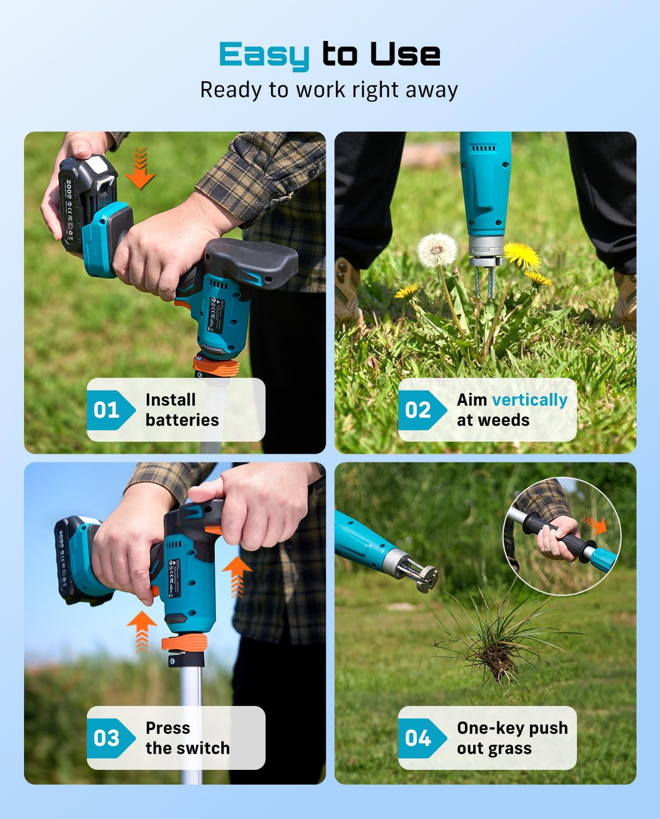 Electric Stand-Up Weed Puller Tool with 40″-47″ Adjustable Handle, High-Power