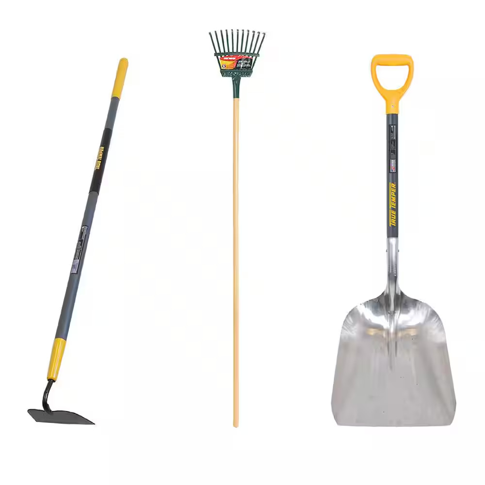 3-Piece Garden Tool Set with Hoe, Leaf Rake, and Scoop Shovel for Landscaping an