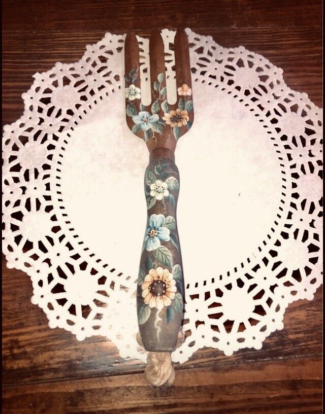 Hand-painted 3 Prong Garden Tool with Wooden Handle