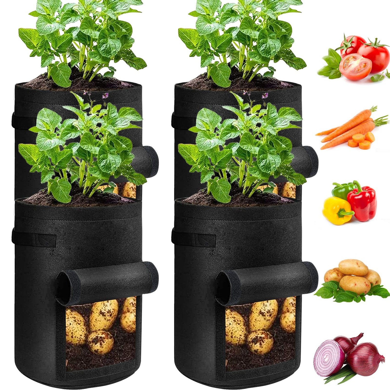 JJGoo 4 Pack Potato Grow Bags 10 Gallon with Flap, Heavy Duty Fabric with Han…